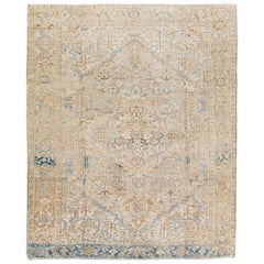 Beige Antique Persian Heriz Handmade Medallion Motif Wool Rug