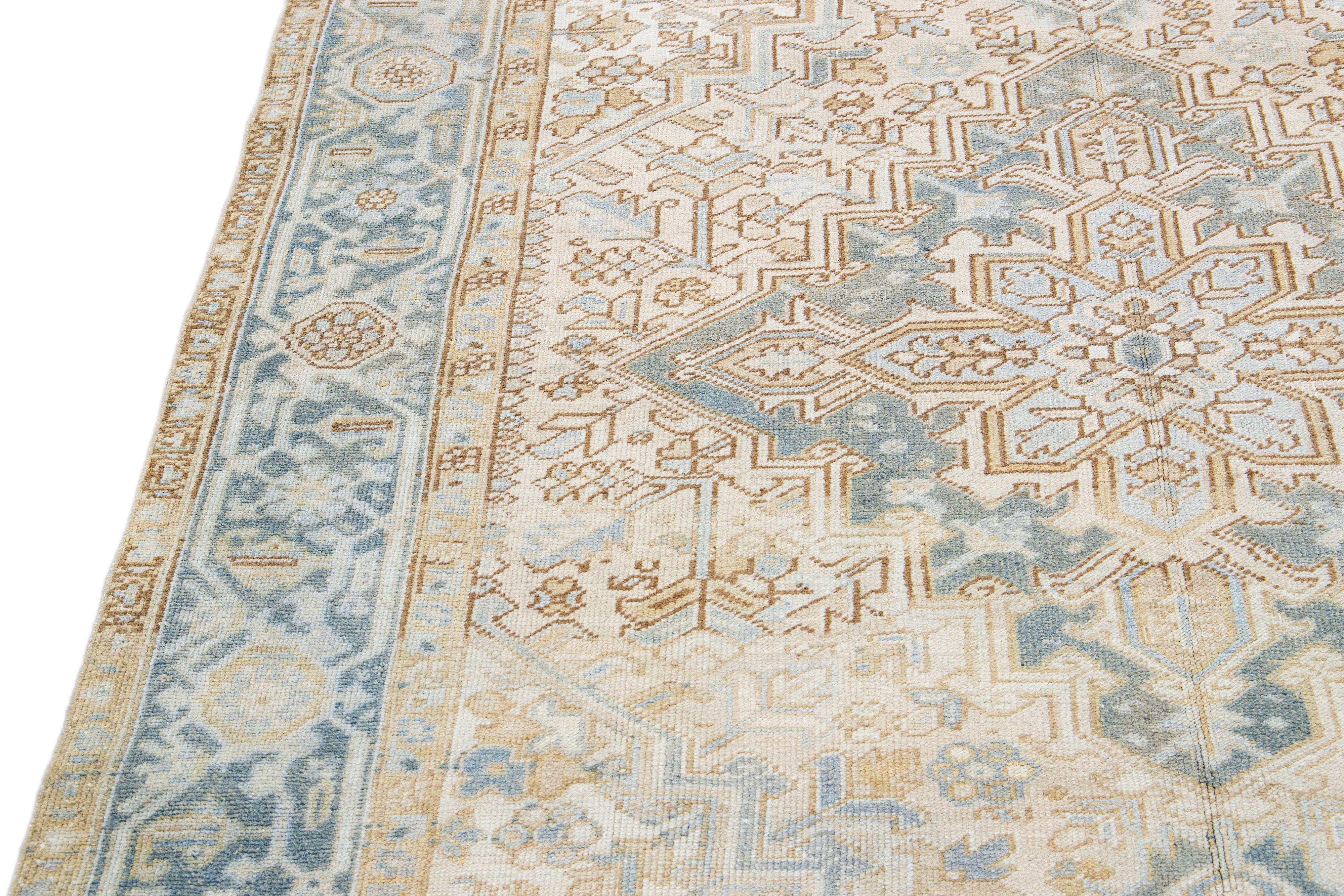 Beige Antique Persian Heriz Handmade Medallion Wool Rug For Sale 5