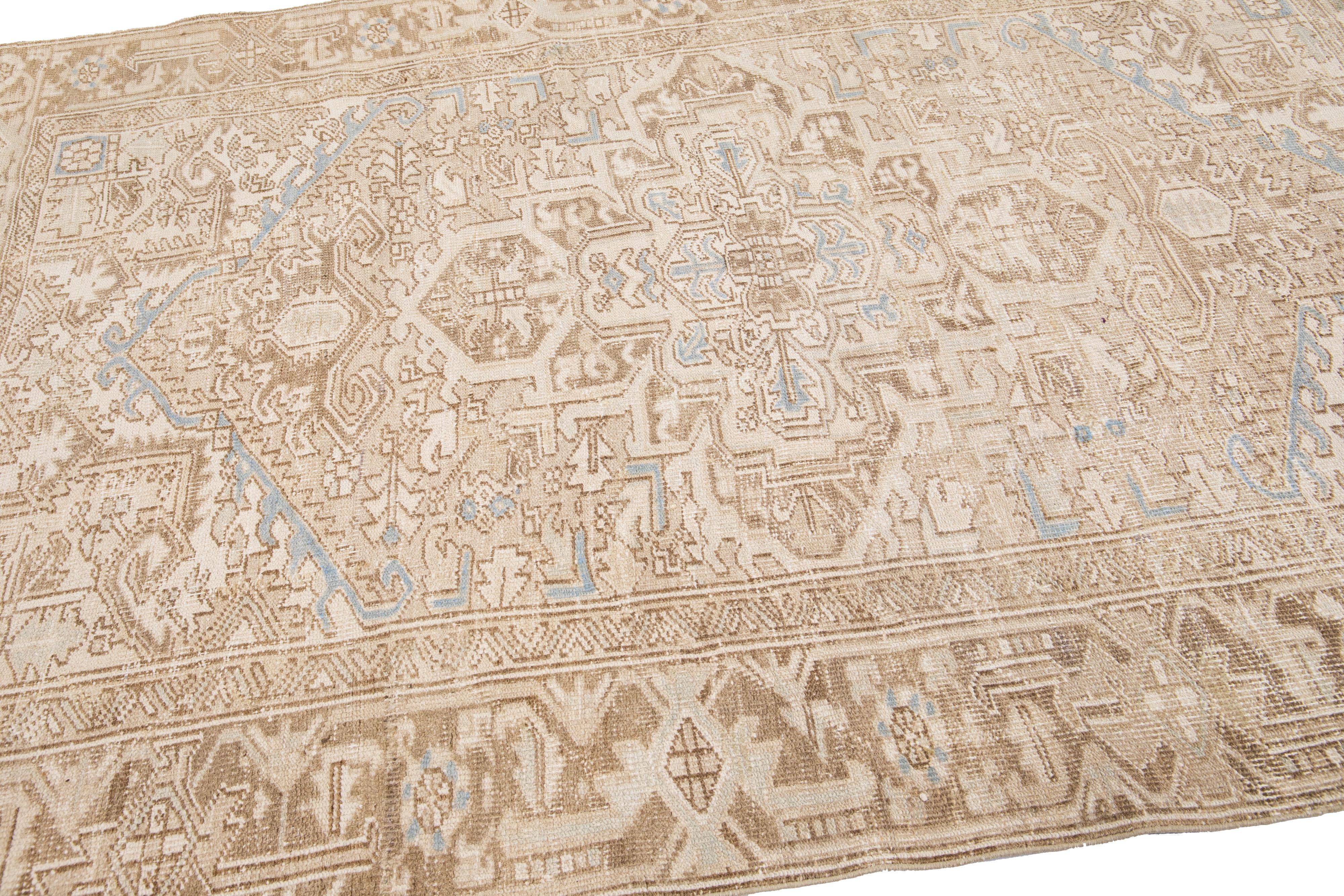 Beige Antique Persian Heriz Handmade Room Size Wool Rug with Medallion Design In Good Condition For Sale In Norwalk, CT