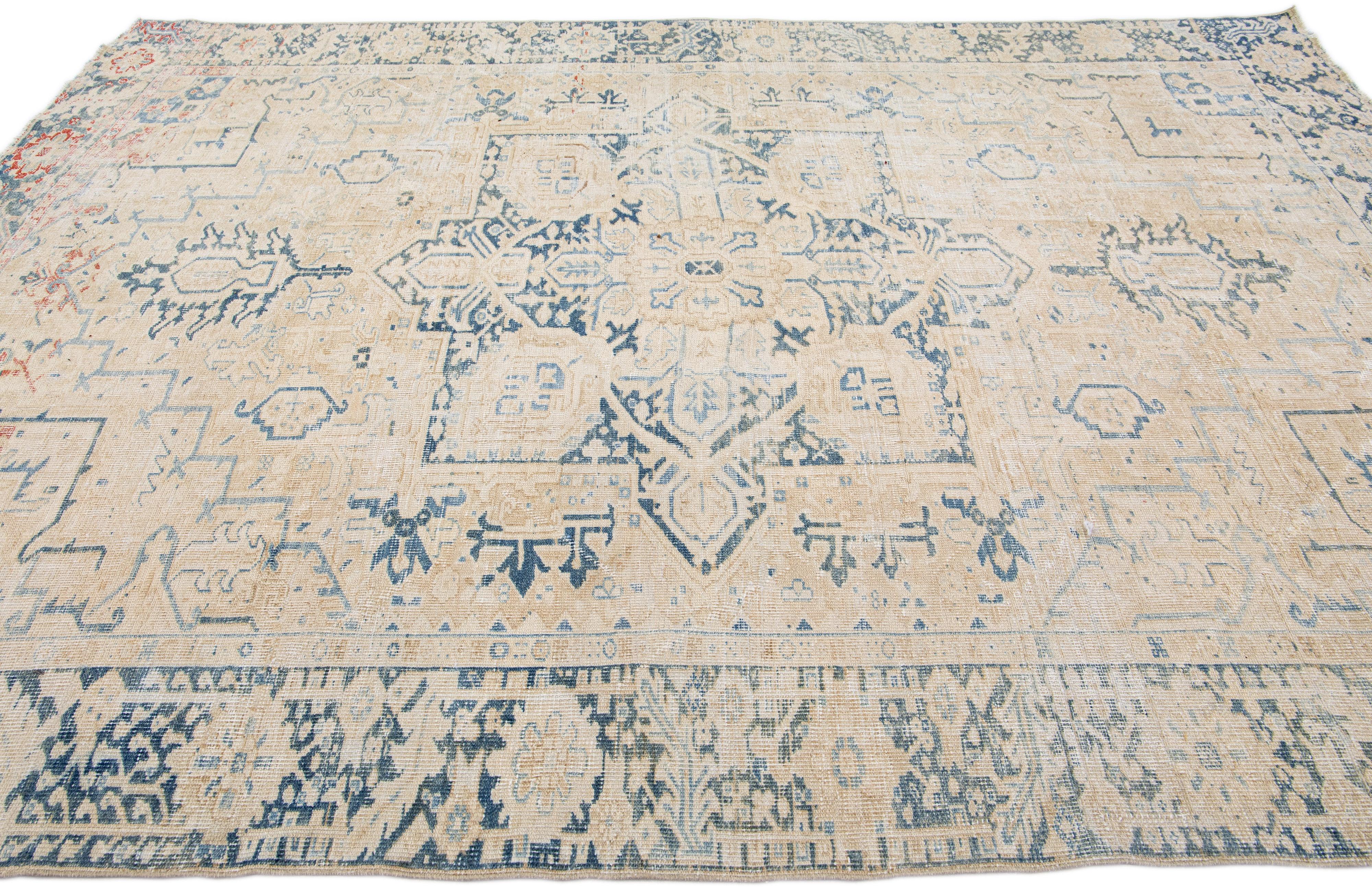 Beige Antique Persian Heriz Shabby Chic Handmade Wool Rug In Distressed Condition For Sale In Norwalk, CT