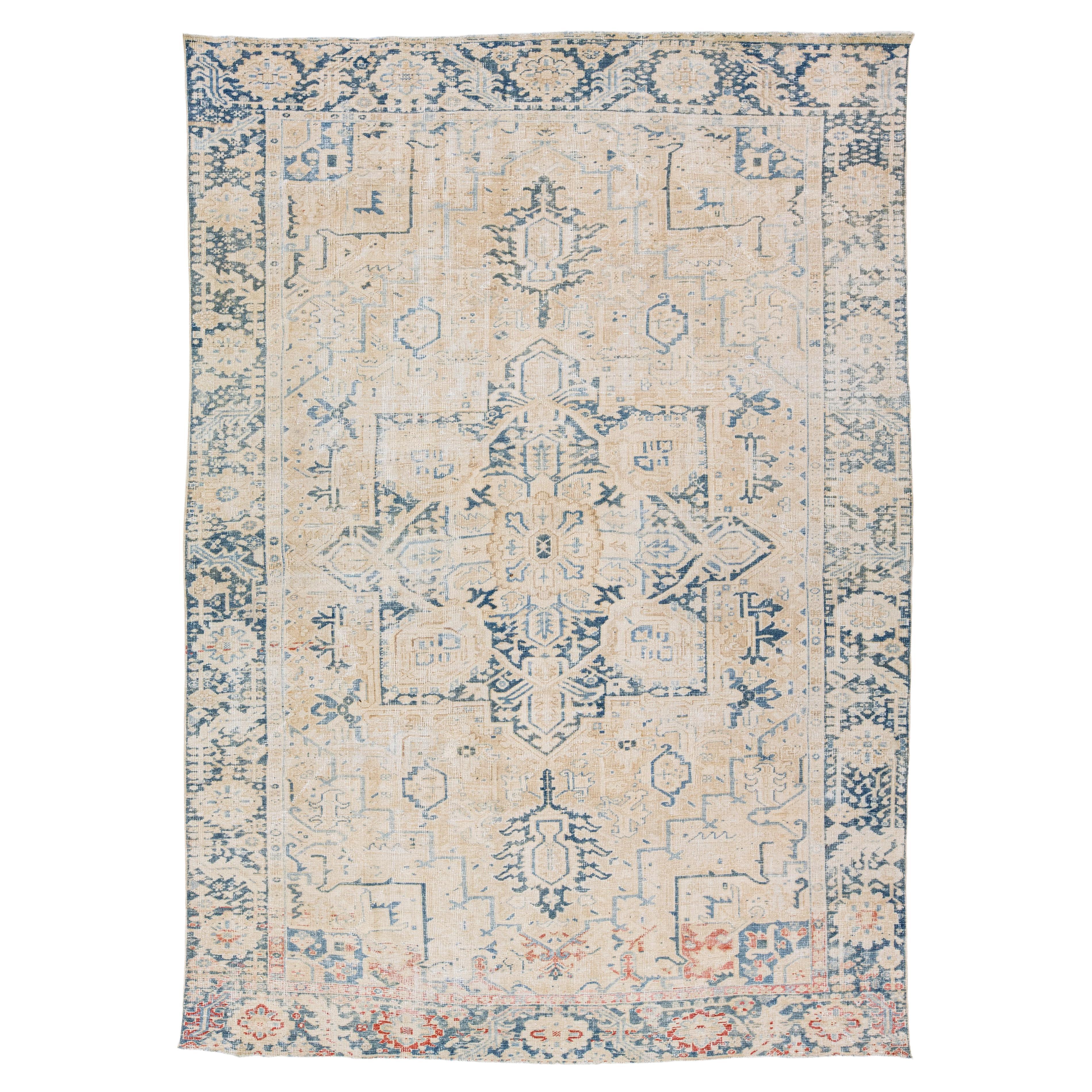 Beige Antique Persian Heriz Shabby Chic Handmade Wool Rug For Sale