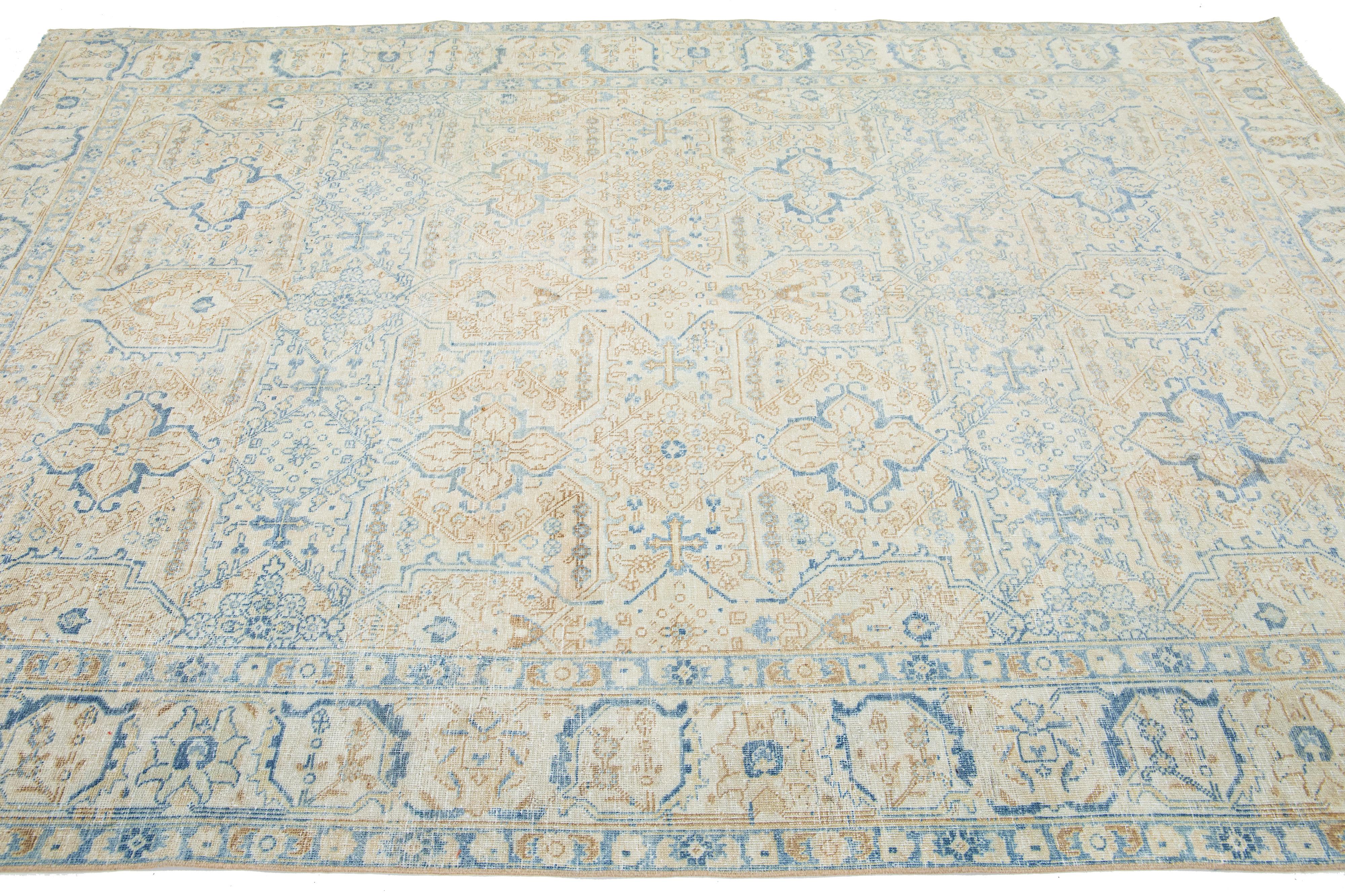 Hand-Knotted Beige Antique Persian Heriz Wool Rug Featuring an Allover Design For Sale