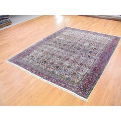 Tappeto in lana beige antico persiano Kerman con aree di usura, afflitto, pulito