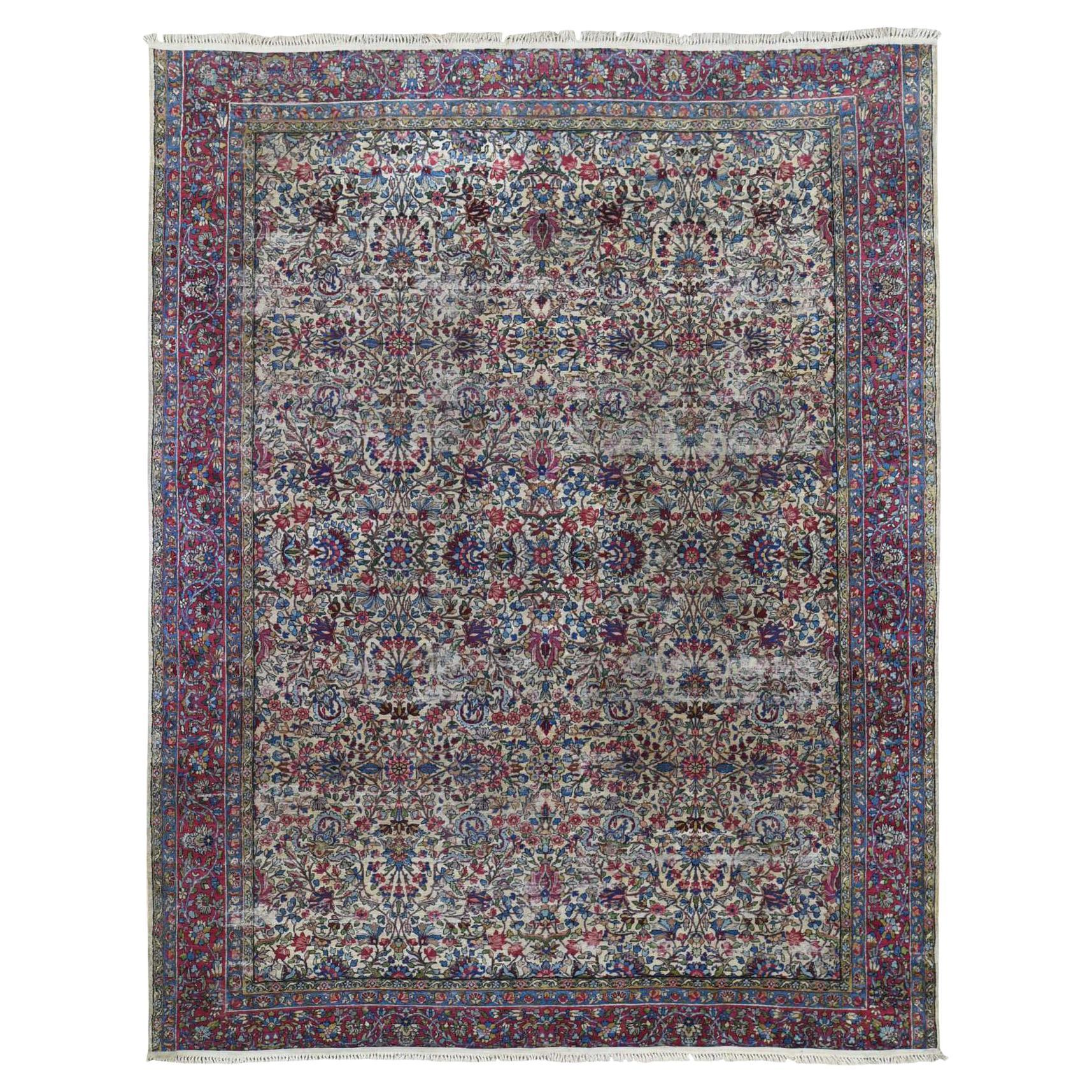 Beige Antique Persian Kerman with Areas of Wear, Distressed, Clean, Wool Rug