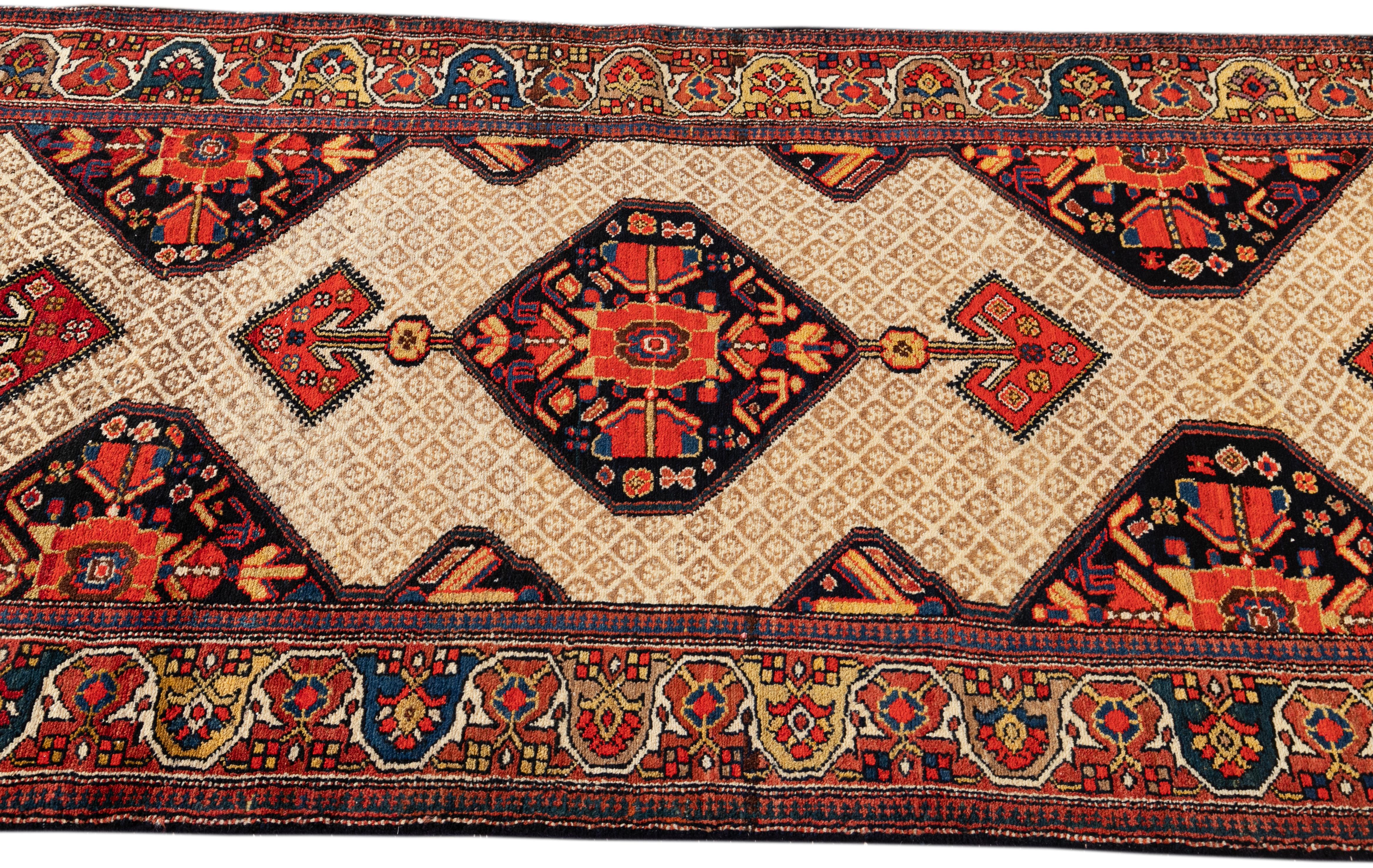 Hand-Knotted Beige Antique Persian Malayer Handmade Wool Rug with Tribal Design For Sale