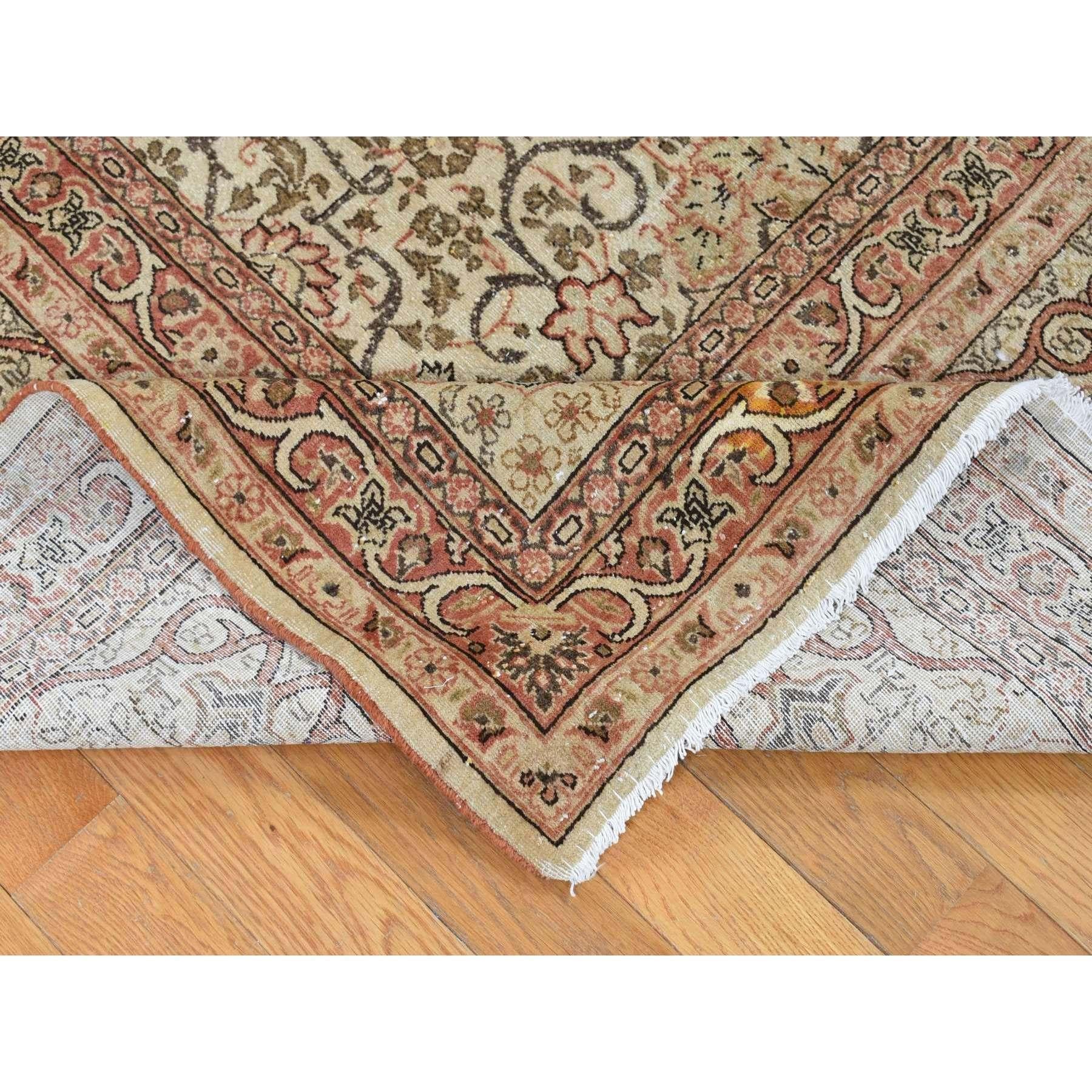 Early 20th Century Beige Antique Persian Tabriz Scroll and Rosettes Design Hand Knotted Wool Rug For Sale