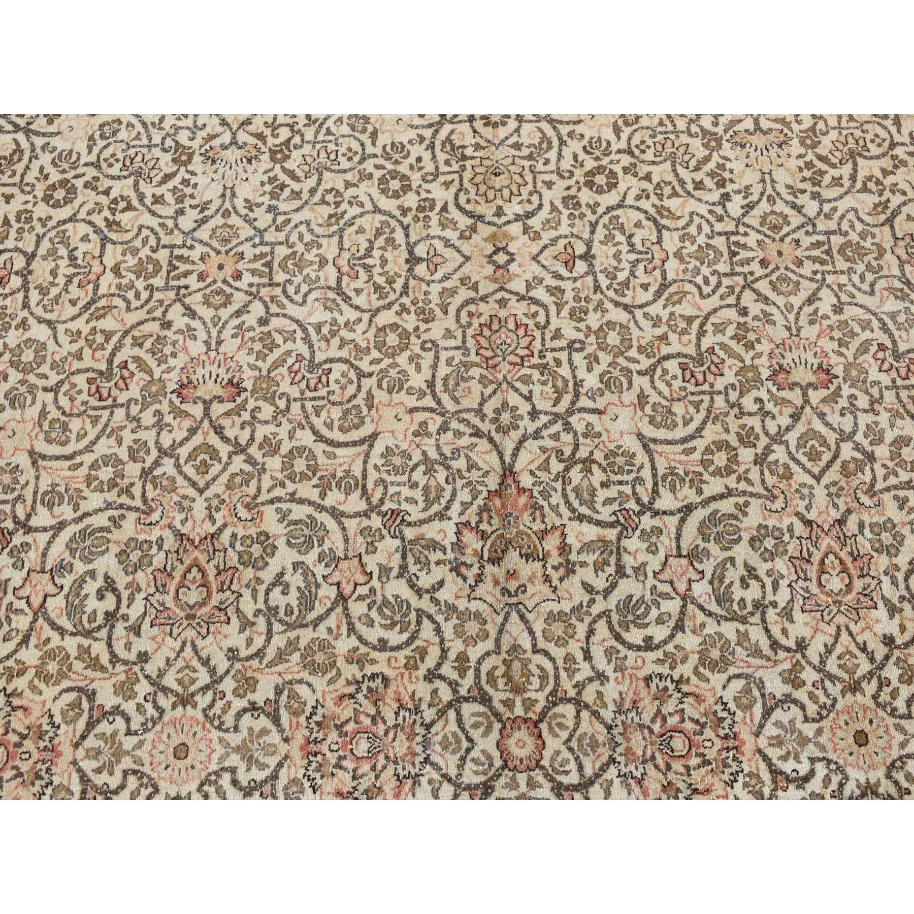 Beige Antique Persian Tabriz Scroll and Rosettes Design Hand Knotted Wool Rug For Sale 2