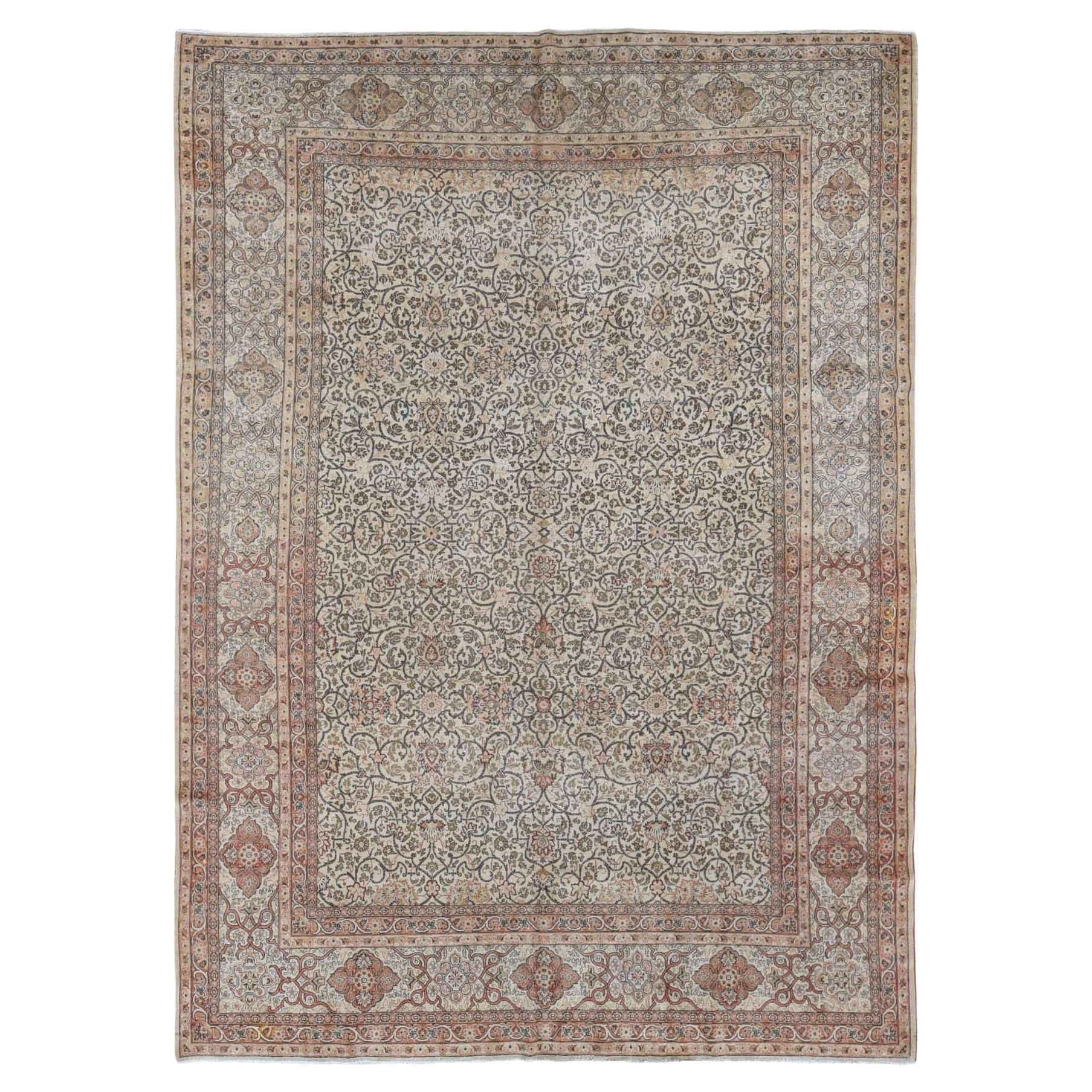 Beige Antique Persian Tabriz Scroll and Rosettes Design Hand Knotted Wool Rug For Sale