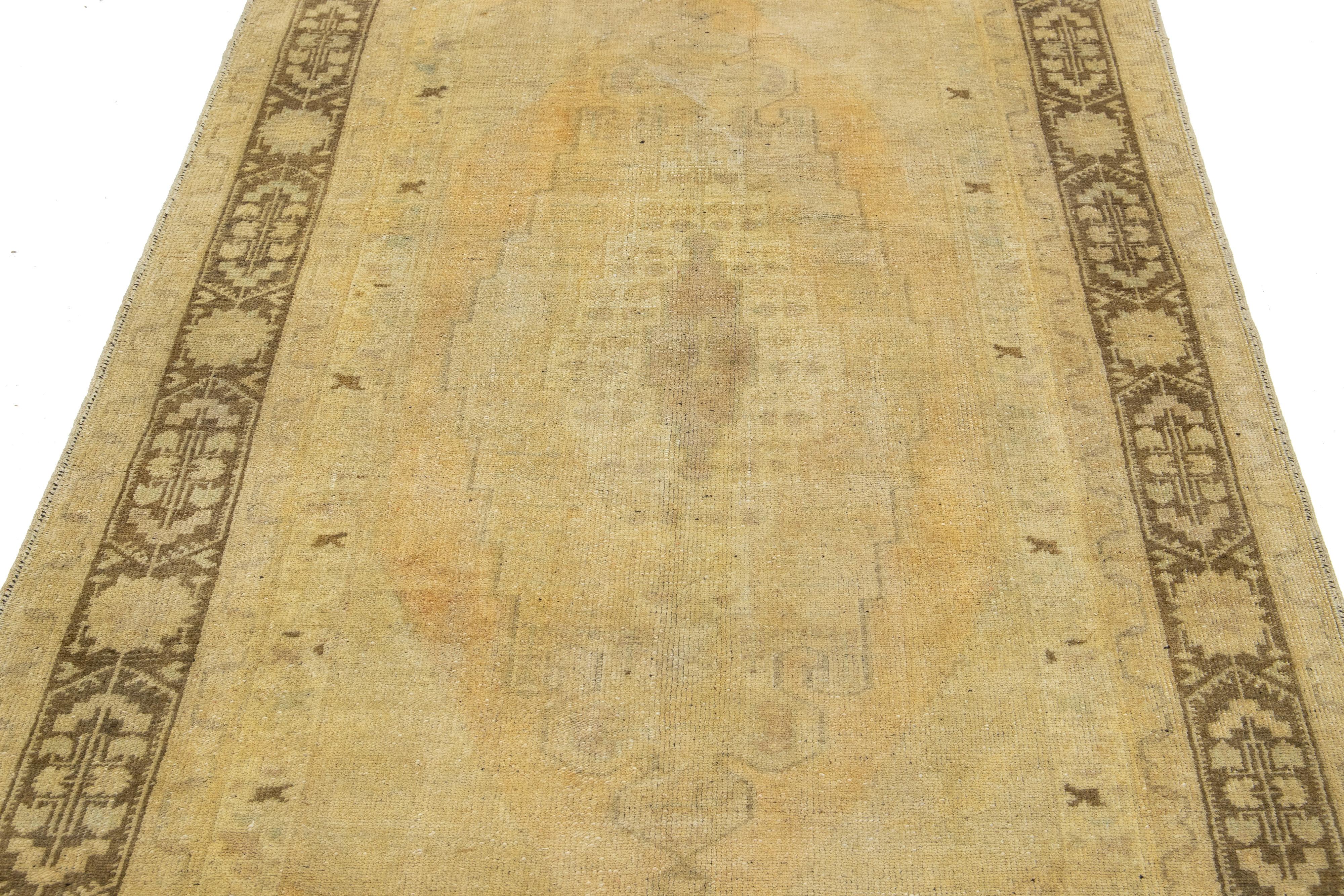 Beige Antique Turkish Khotan Wool Rug Handmade with Center  Motif For Sale 2