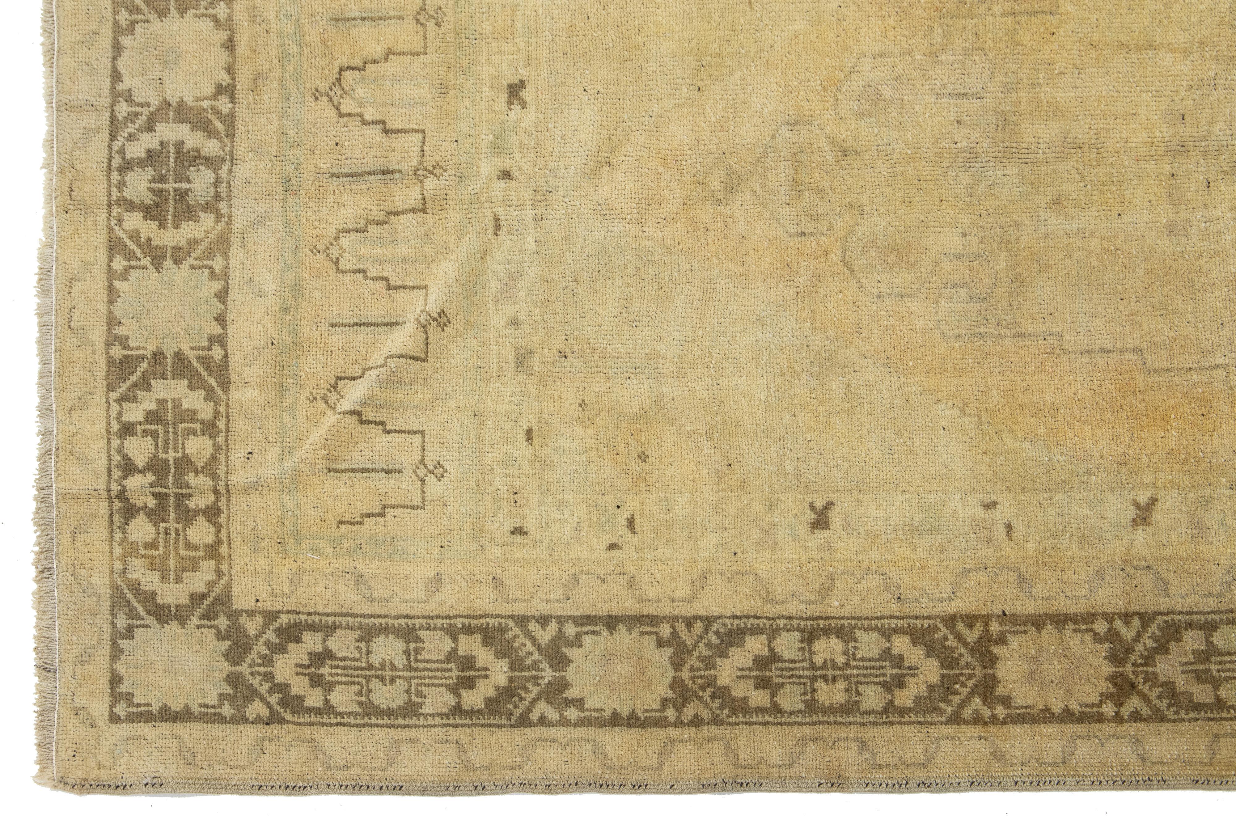 Beige Antique Turkish Khotan Wool Rug Handmade with Center  Motif For Sale 3