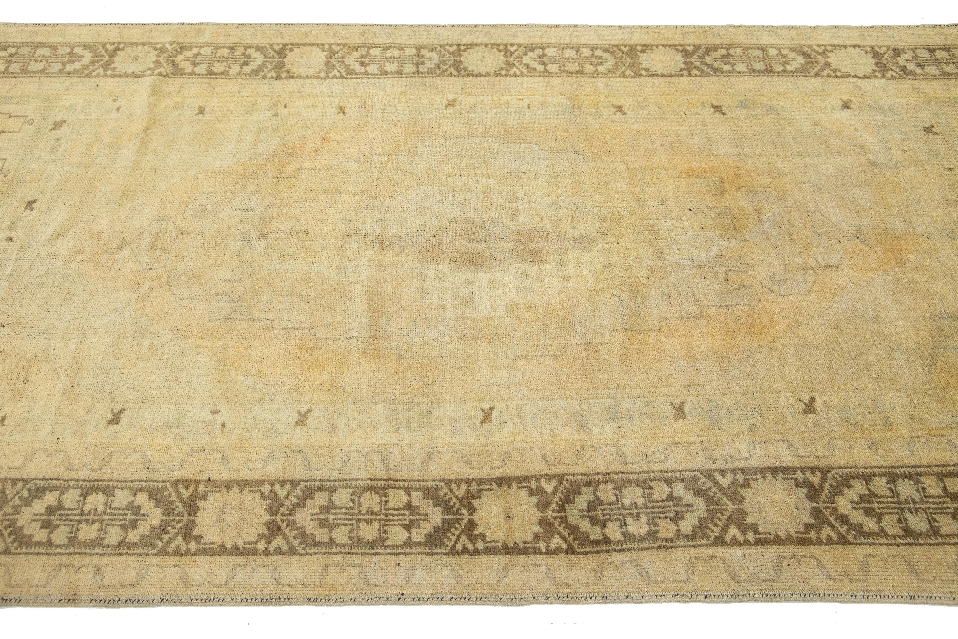 Beige Antique Turkish Khotan Wool Rug Handmade with Center  Motif For Sale 4