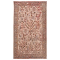 Tappeto di lana oversize antico turco Oushak fatto a mano di colore beige con motivo alllover
