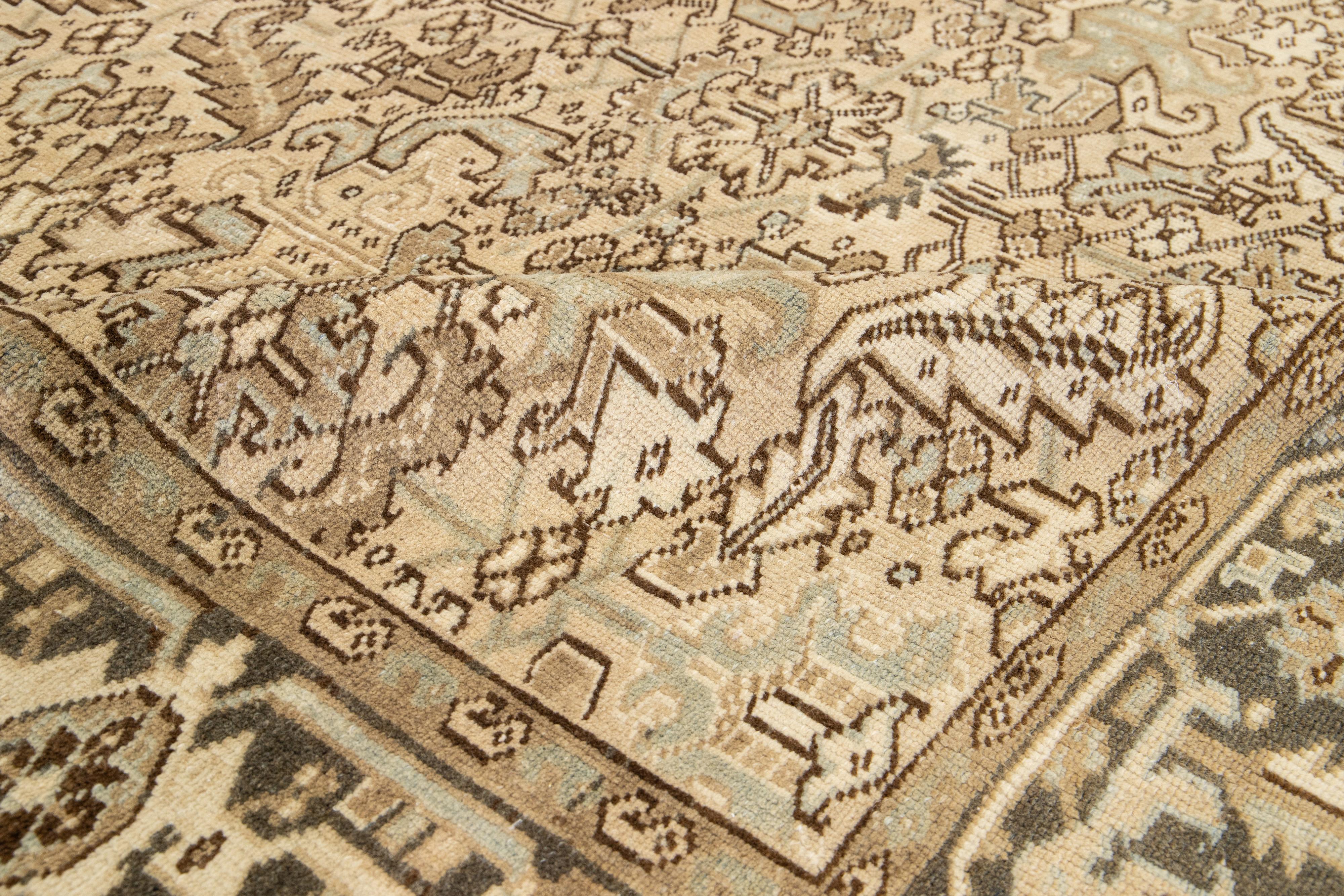 Hand-Knotted Beige Antique Wool Rug Room Size Persian Heriz  For Sale