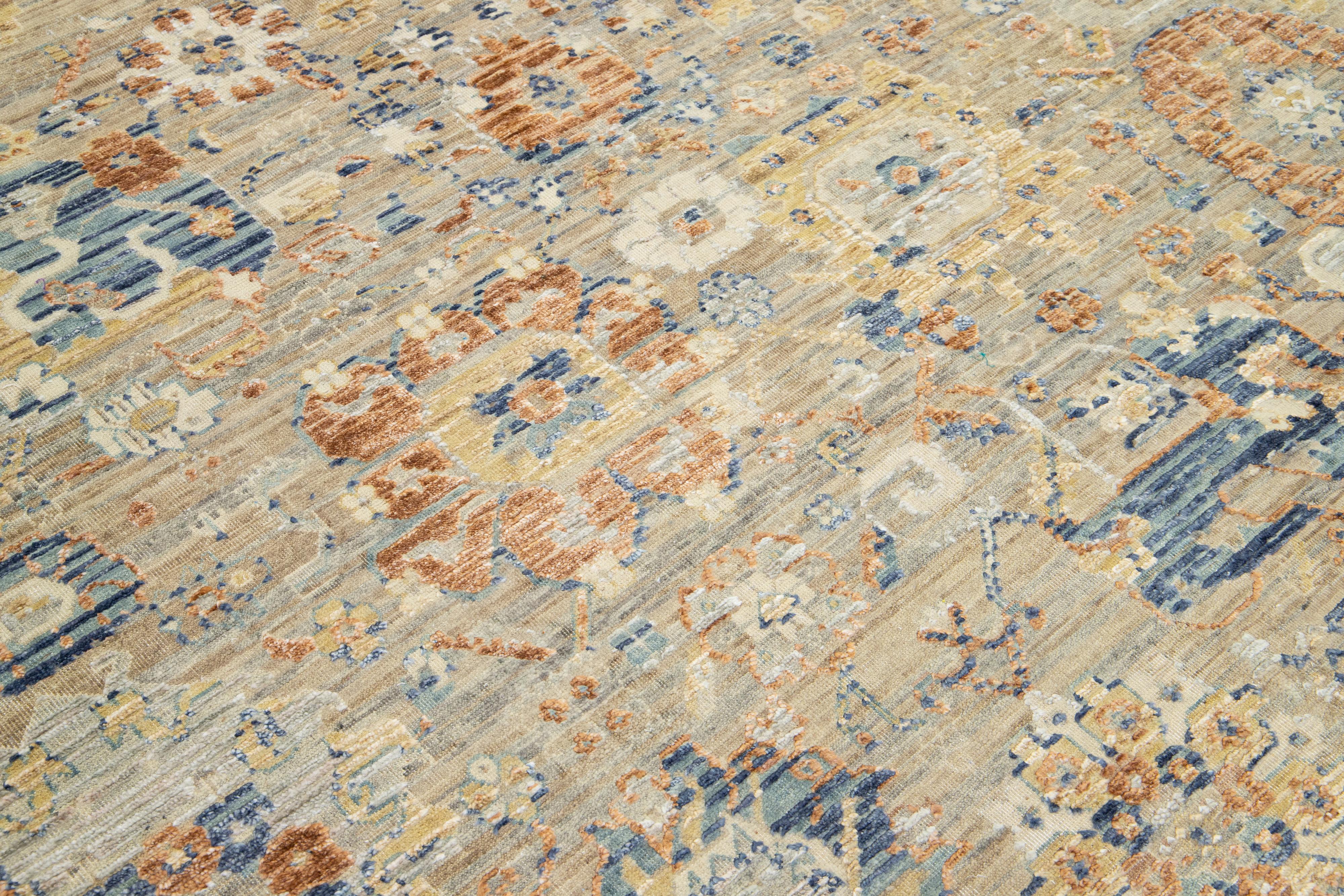 Beige Apadana's Artisan Collection Handmade Floral Indian Wool & Silk Rug For Sale 4
