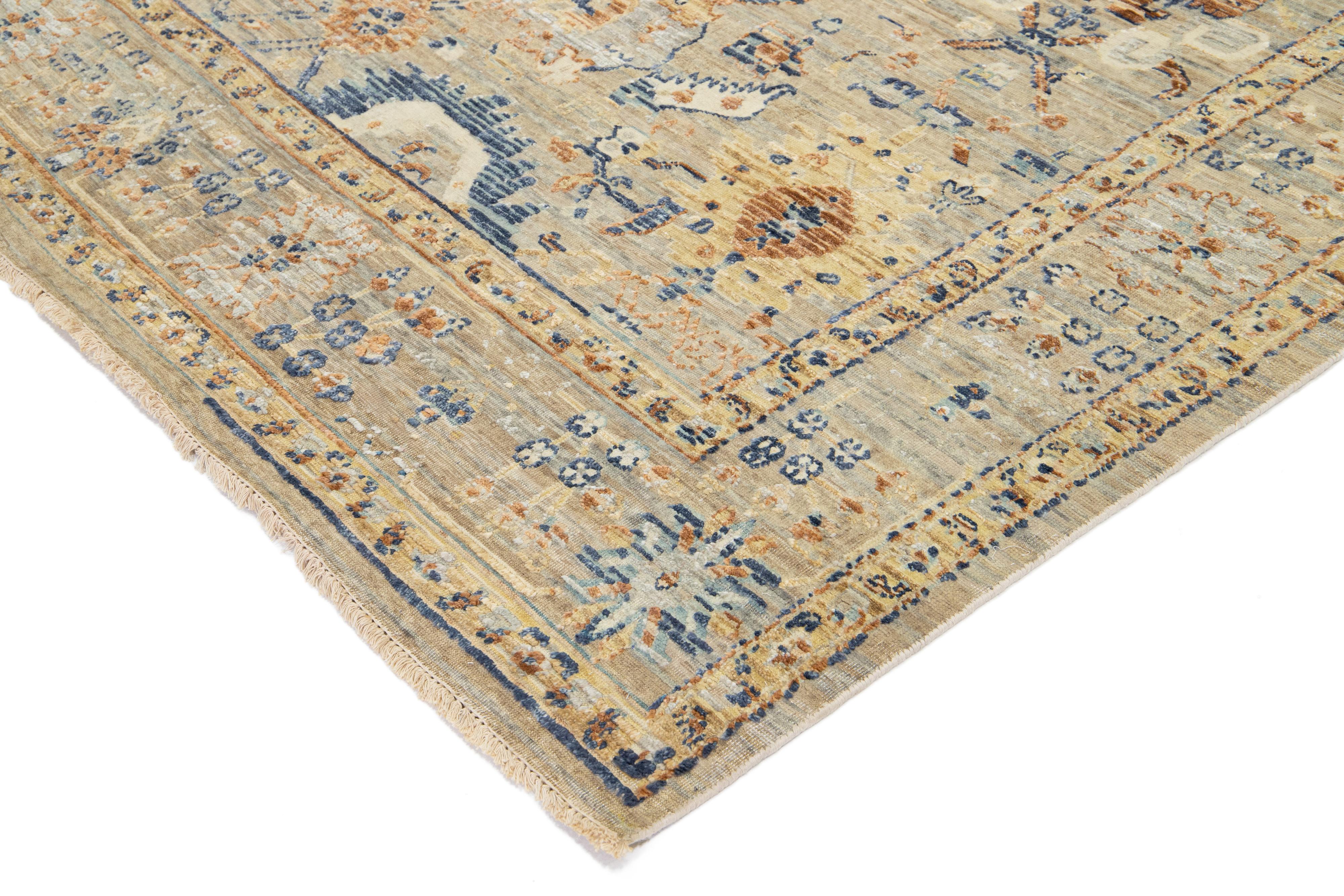 Beige Apadana's Artisan Collection Handmade Floral Indian Wool & Silk Rug For Sale 5