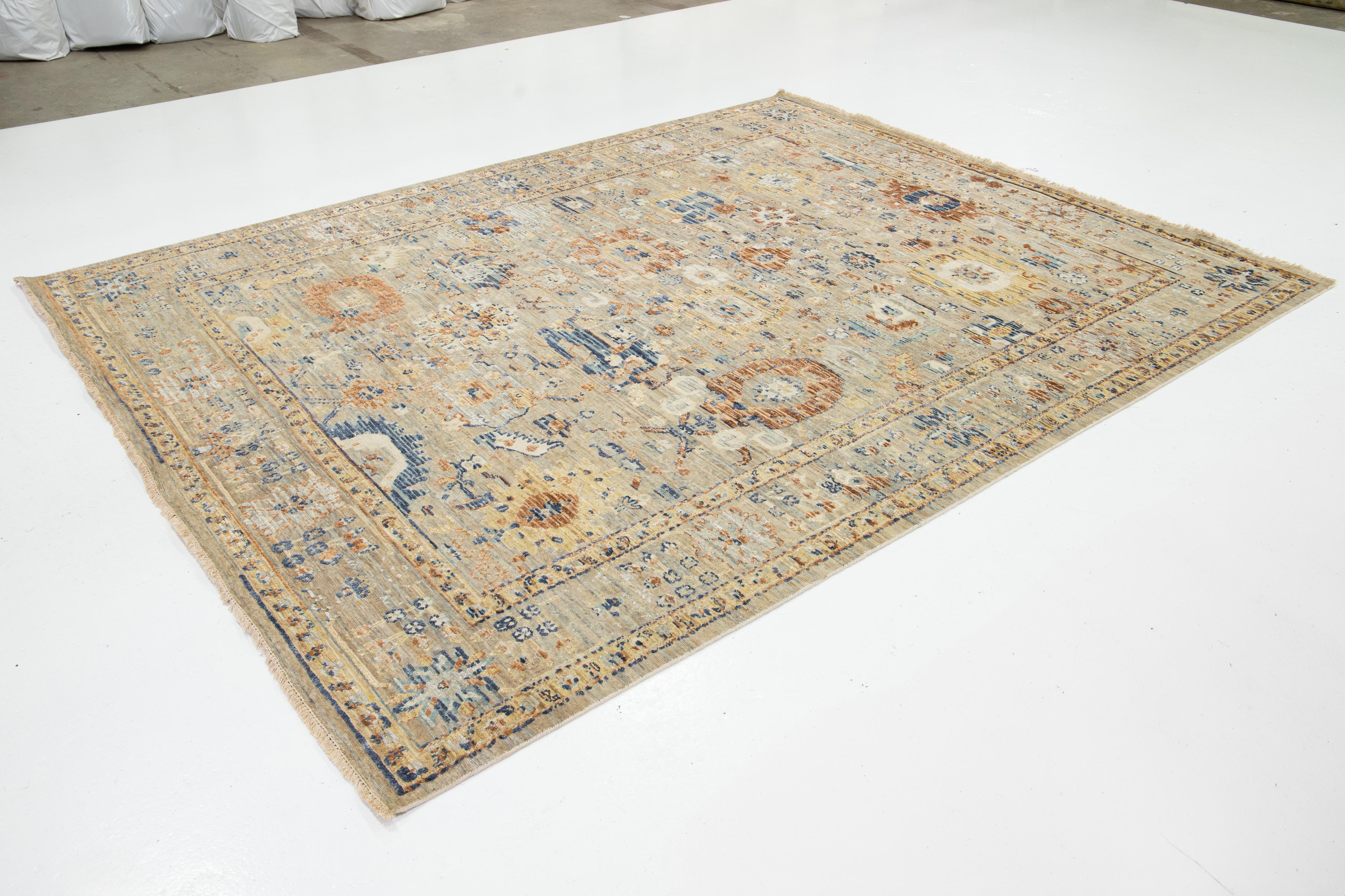 Modern Beige Apadana's Artisan Collection Handmade Floral Indian Wool & Silk Rug For Sale