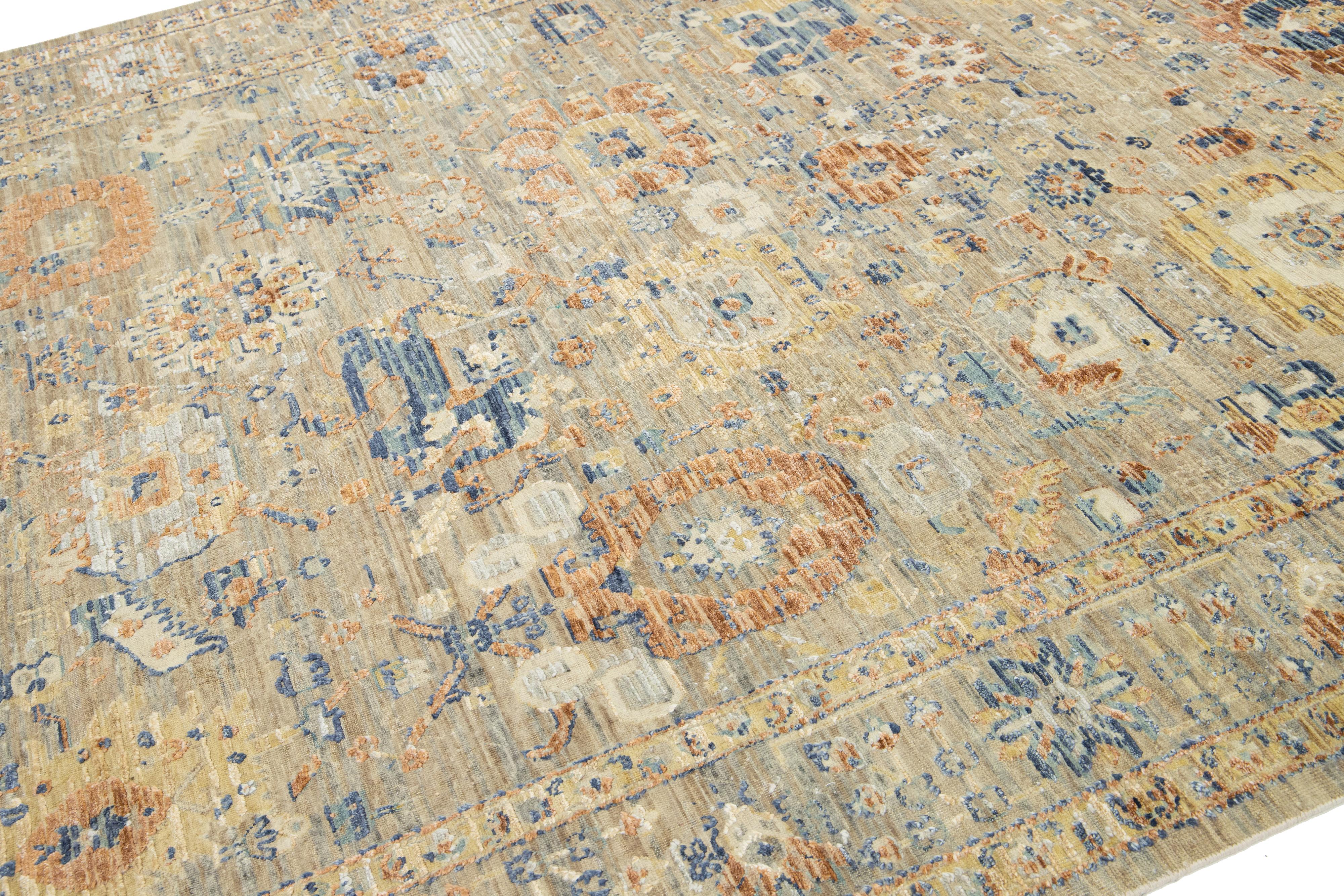 Hand-Knotted Beige Apadana's Artisan Collection Handmade Floral Indian Wool & Silk Rug For Sale