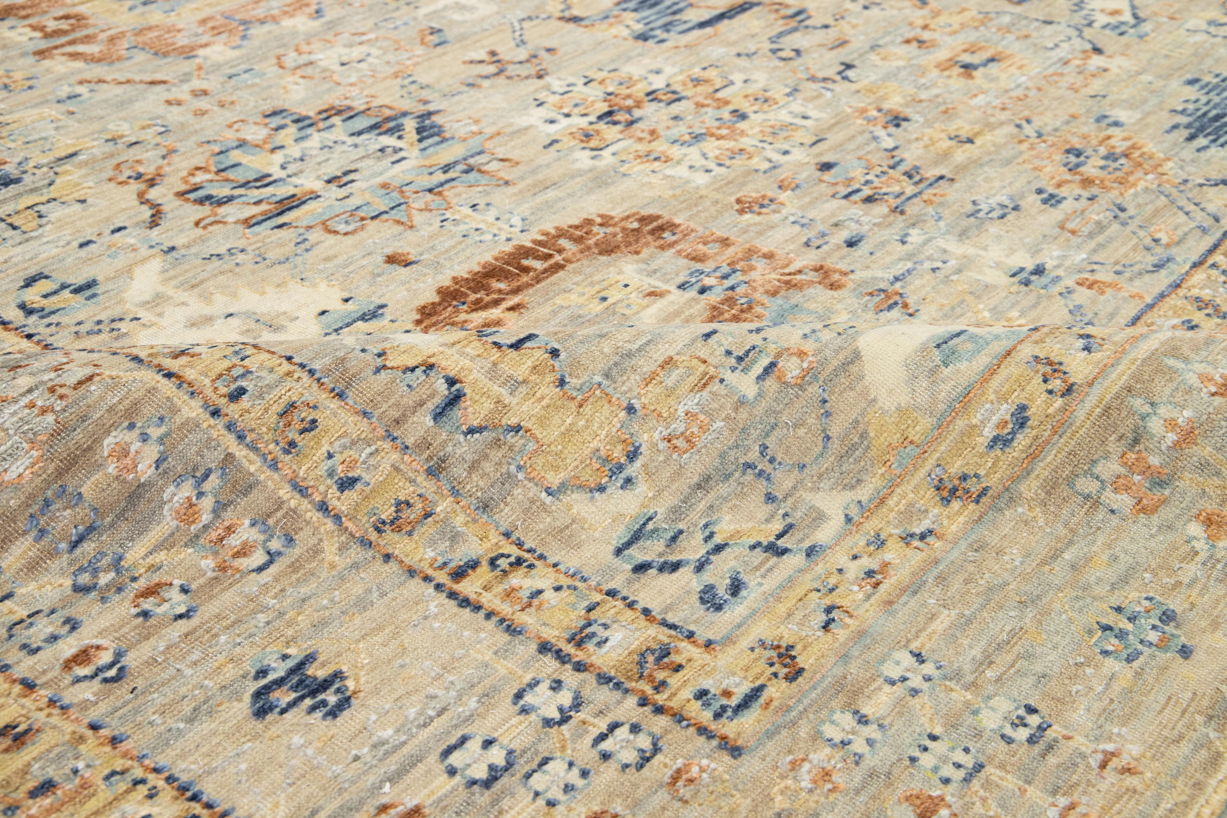 Contemporary Beige Apadana's Artisan Collection Handmade Floral Indian Wool & Silk Rug For Sale