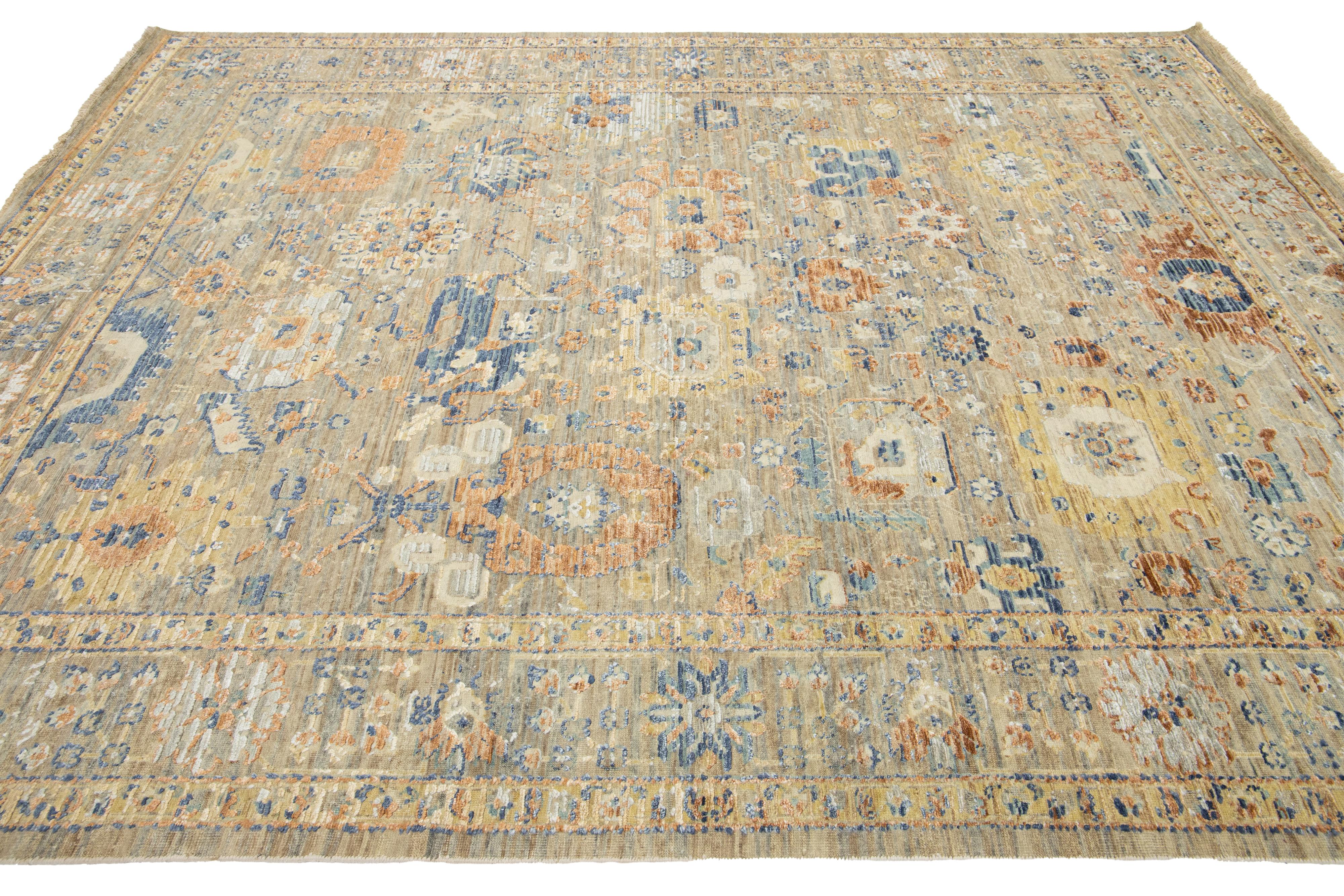 Beige Apadana's Artisan Collection Handmade Floral Indian Wool & Silk Rug For Sale 1