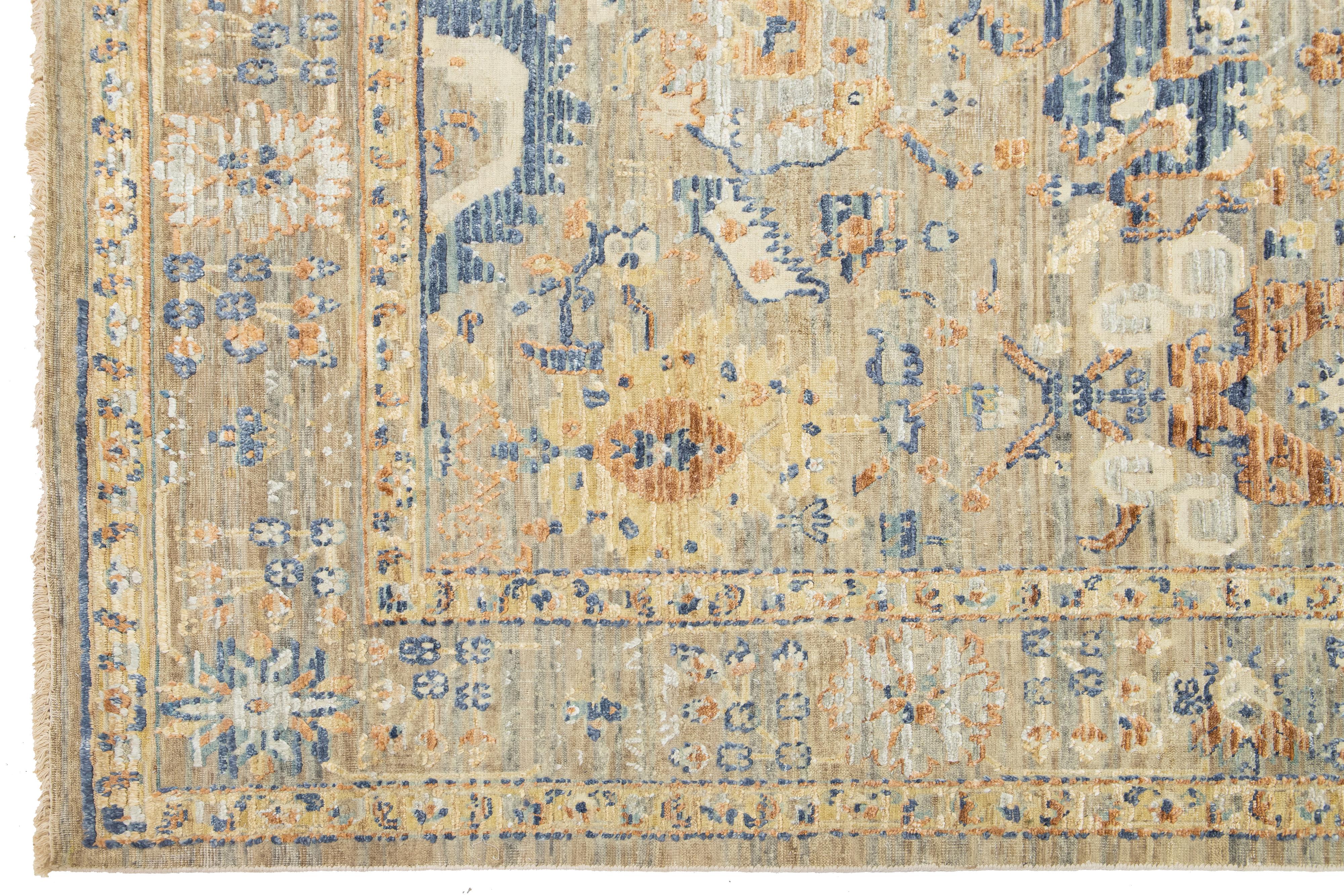 Beige Apadana's Artisan Collection Handmade Floral Indian Wool & Silk Rug For Sale 2