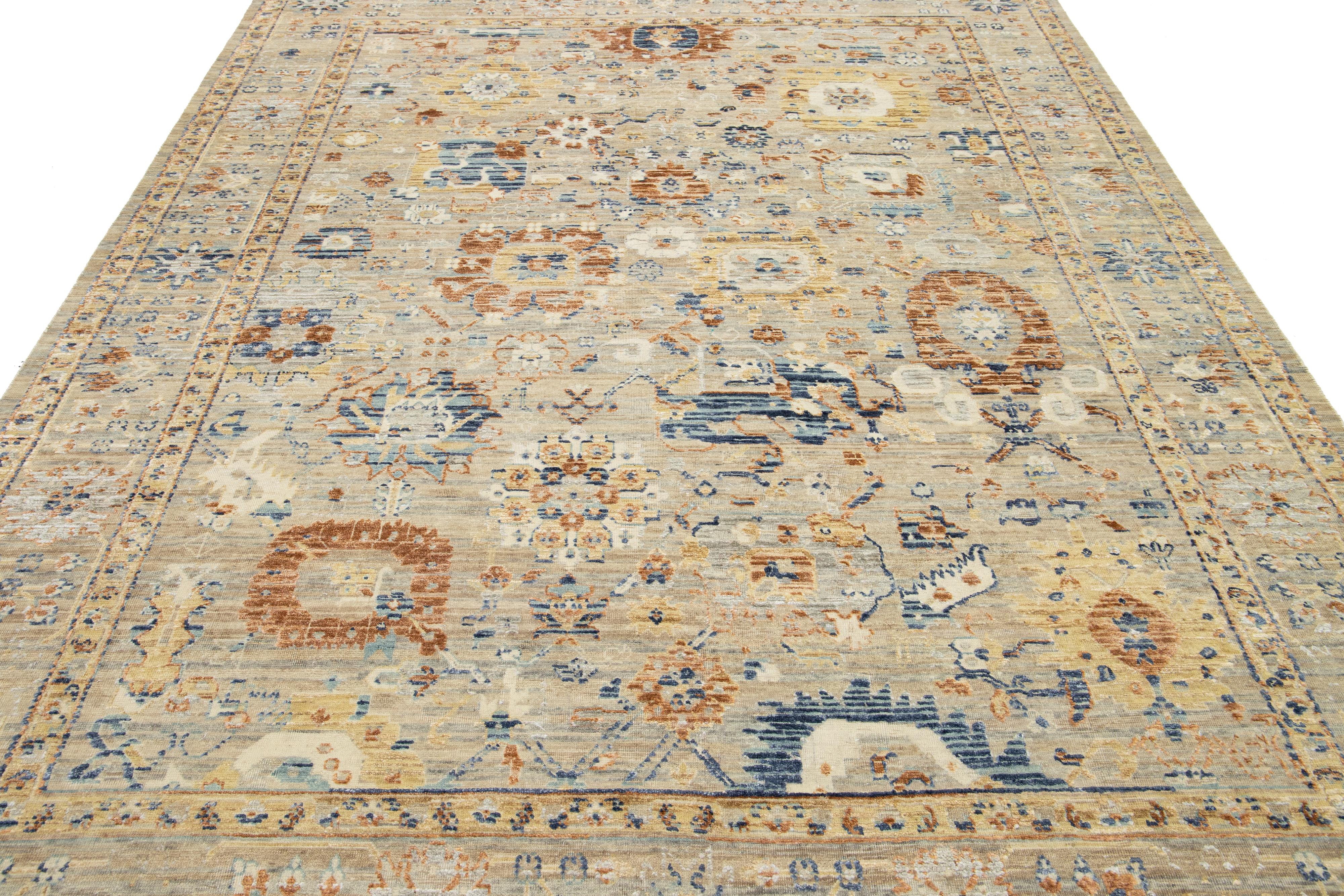 Beige Apadana's Artisan Collection Handmade Floral Indian Wool & Silk Rug For Sale 3