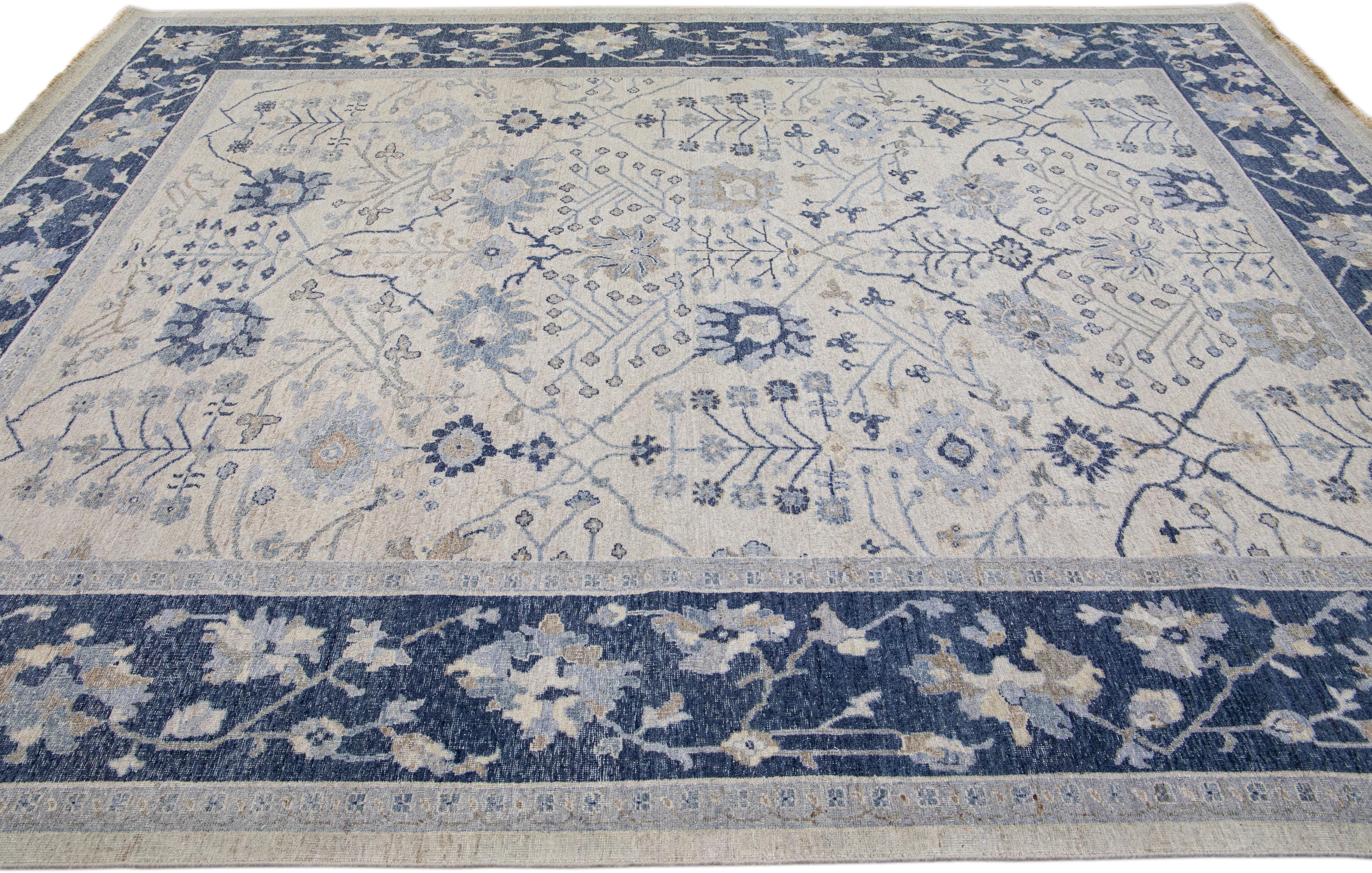Hand-Knotted Beige Apadana's Artisan Collection Handmade Floral Pattern Wool Rug For Sale