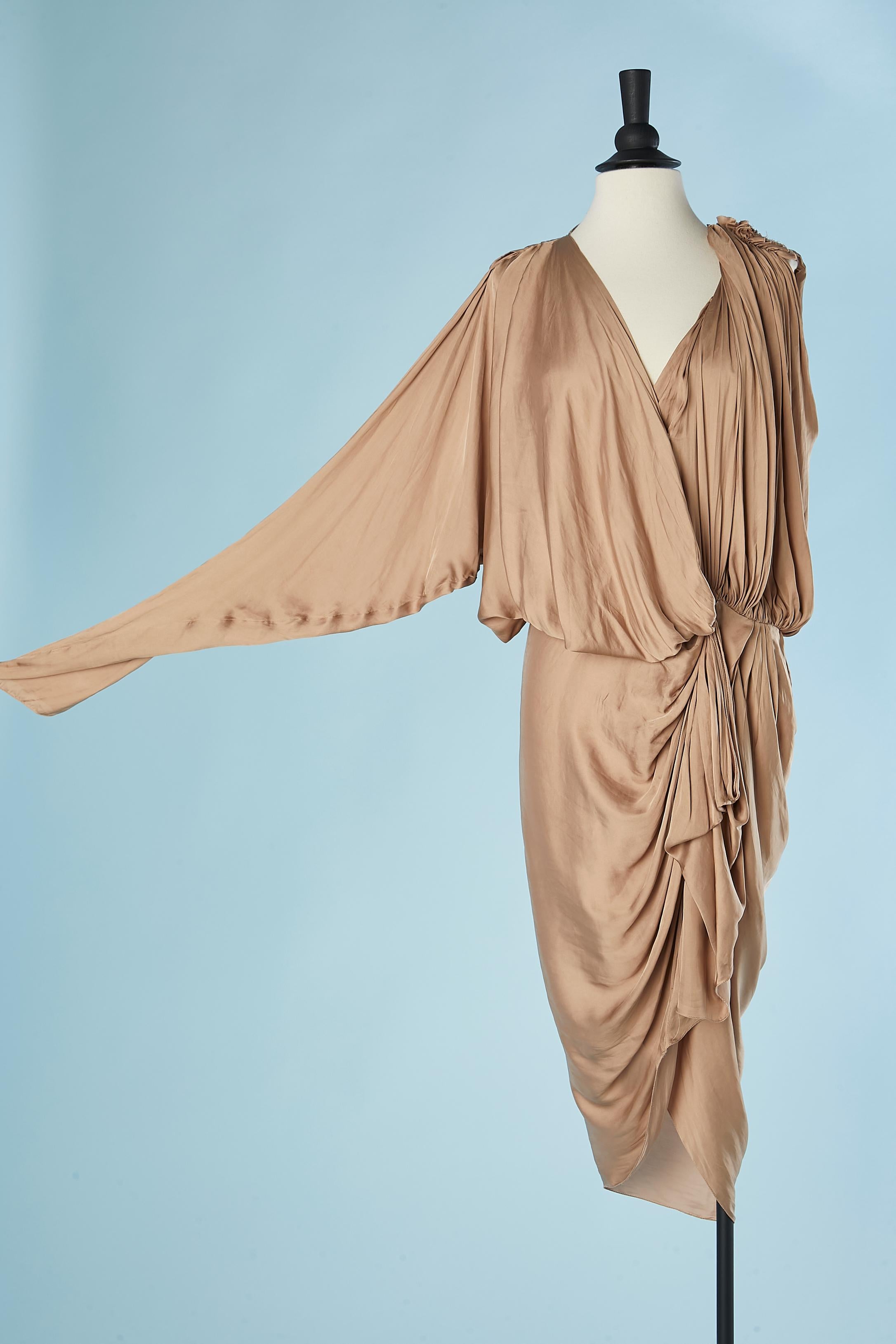 Beige asymmetrical and drape silky cocktail dress Lanvin by Alber Elbaz In Excellent Condition In Saint-Ouen-Sur-Seine, FR