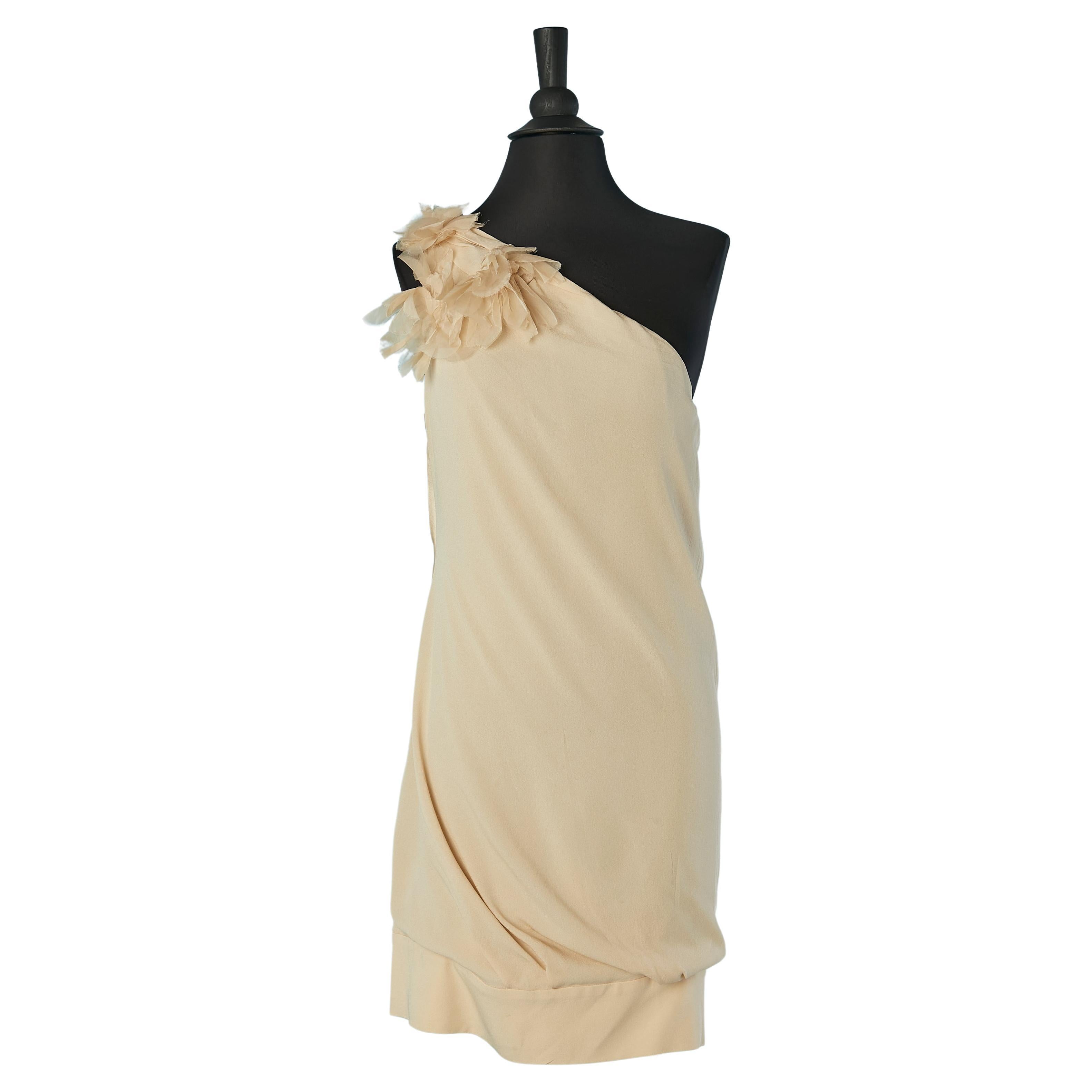 Beige asymmetrical silk cocktail day dress with organza flower Valentino