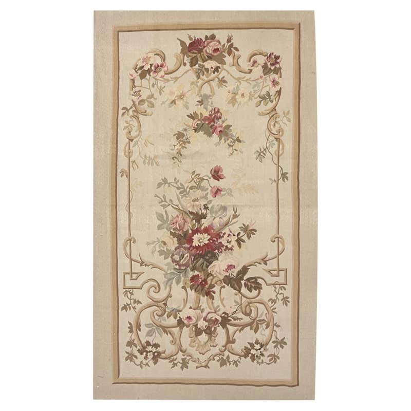 Traditional Beige Carpet Aubusson Rug Floral Handwoven Wool Needlepoint ...