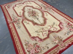 Beige Aubusson Rug Botanical Carpet Handwoven Wool Needlepoint Floral Rug