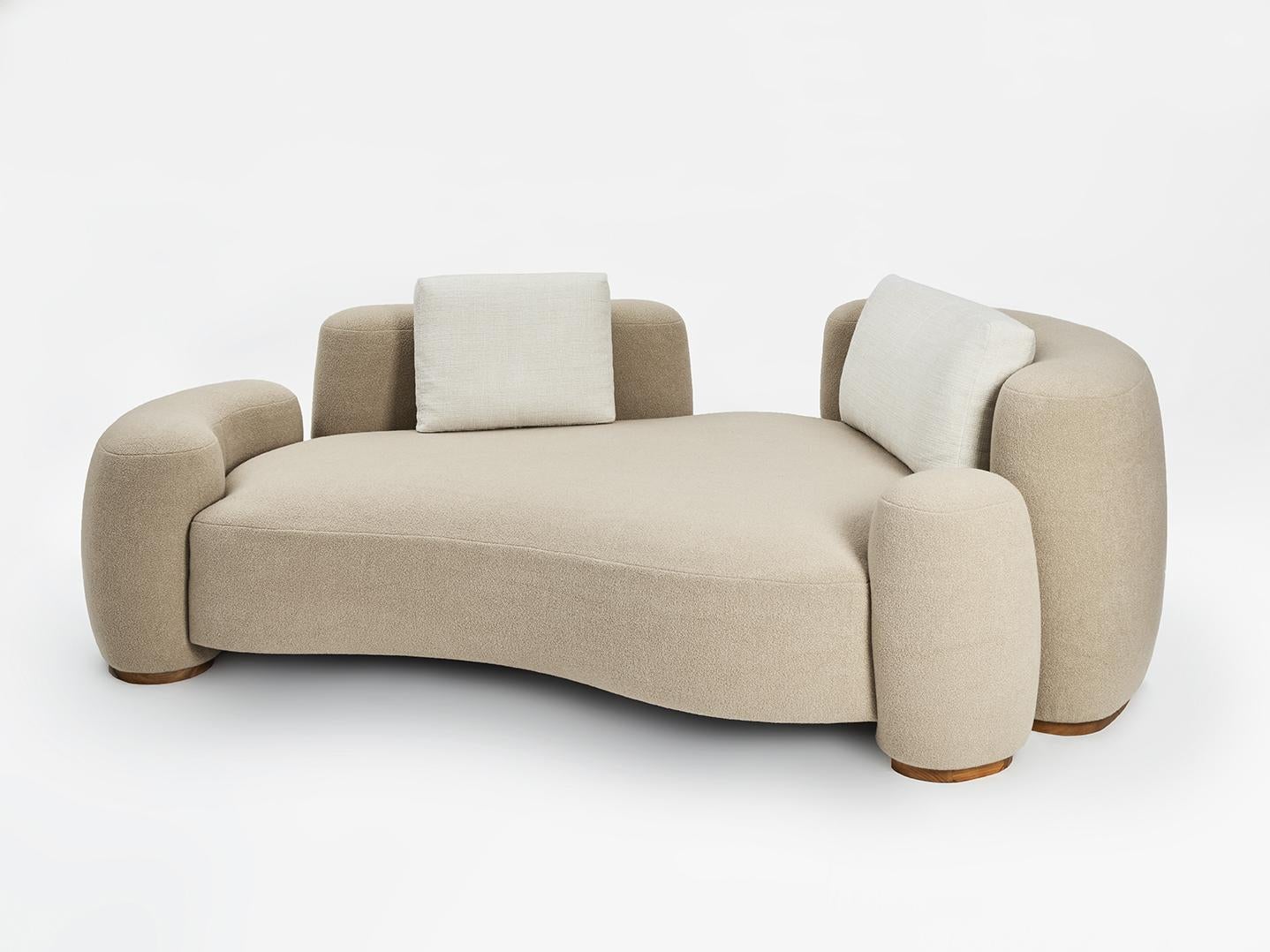 Beige Baba daybed by Gisbert Pöppler
Dimensions: H 82 (43) x W 250 x D 170 cm
Materials: Upholstered wooden frame, teak footings

Like a friend that wants to cuddle, Baba is an upholstered sofa series for lounging in complete comfort. The