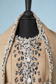 Beige baby-lamb shearling jacket and scarf with tweed embroideries Chanel