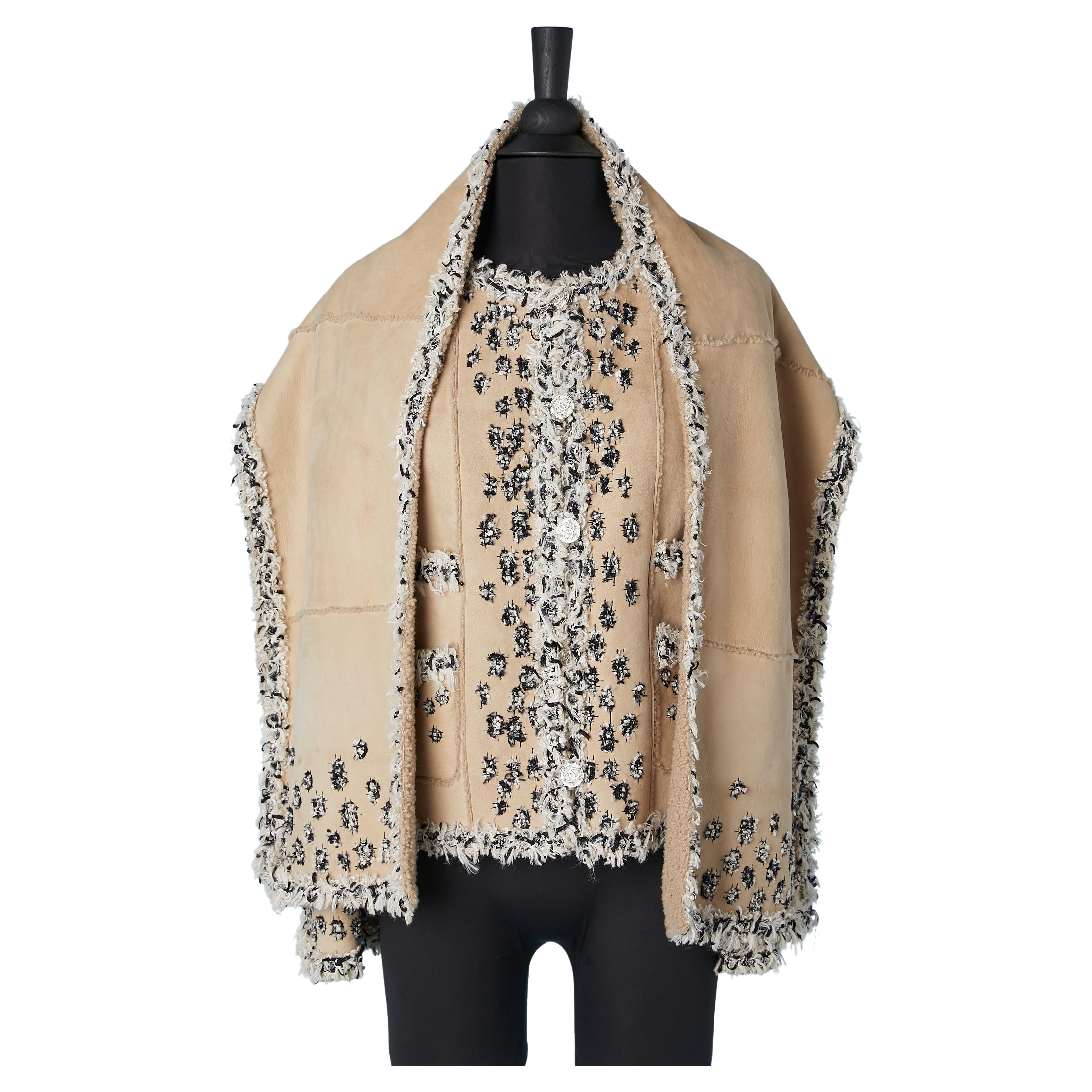 Beige baby-lamb shearling jacket and scarf with tweed embroideries Chanel 