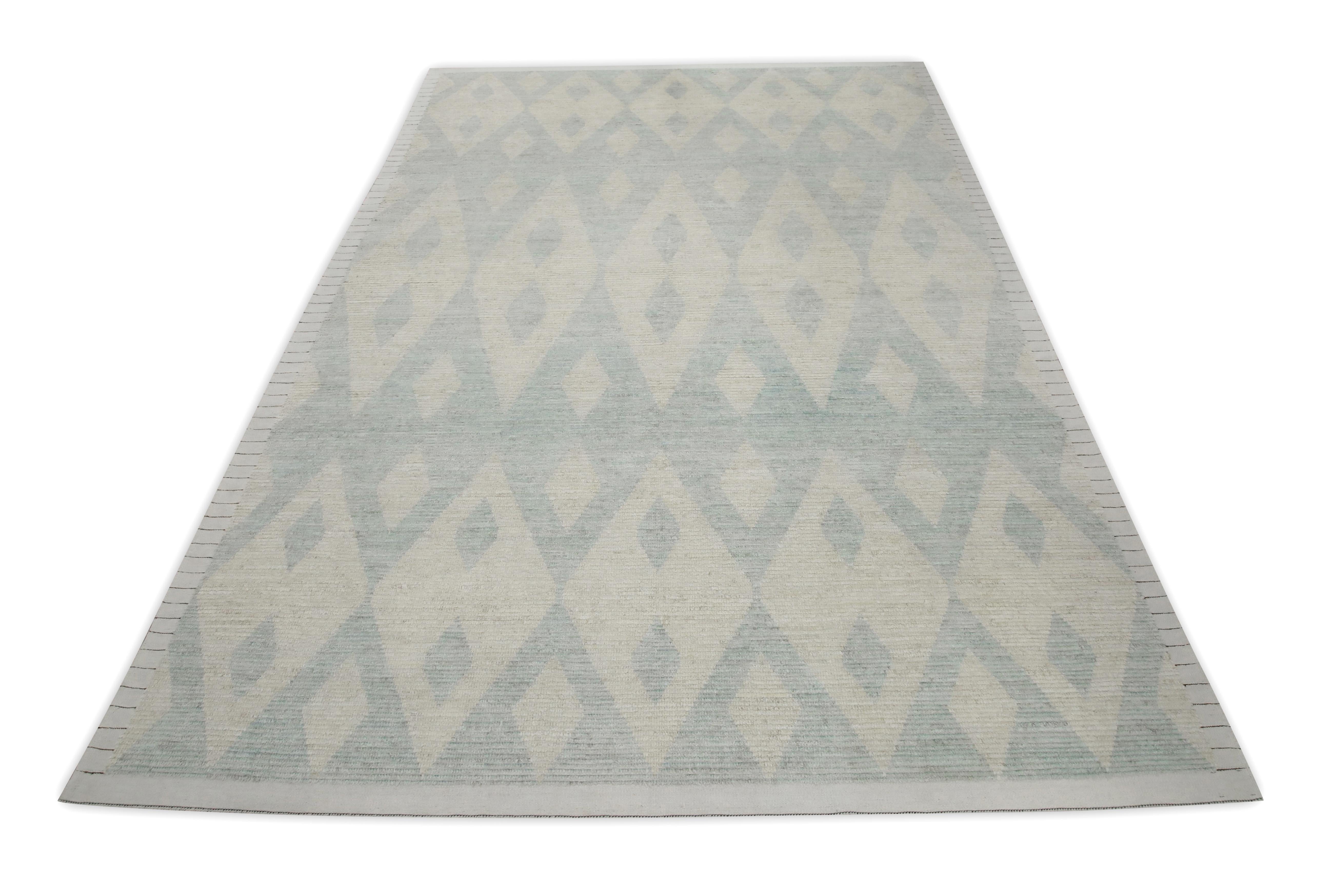 Contemporary Beige & Blue 21st Century Modern Moroccan Style Wool Rug 8'8