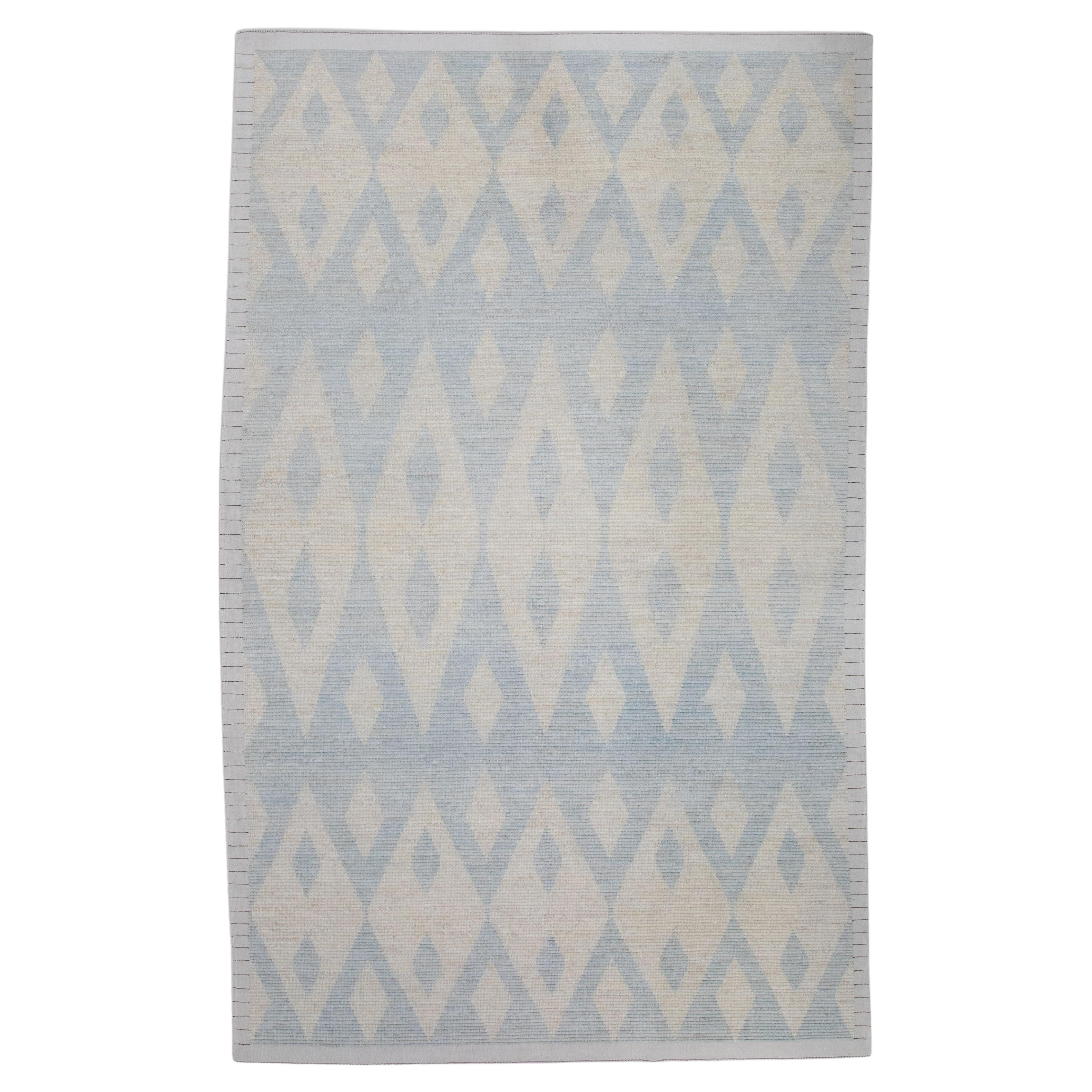 Beige & Blue 21st Century Modern Moroccan Style Wool Rug 8'8" X 12'10" For Sale