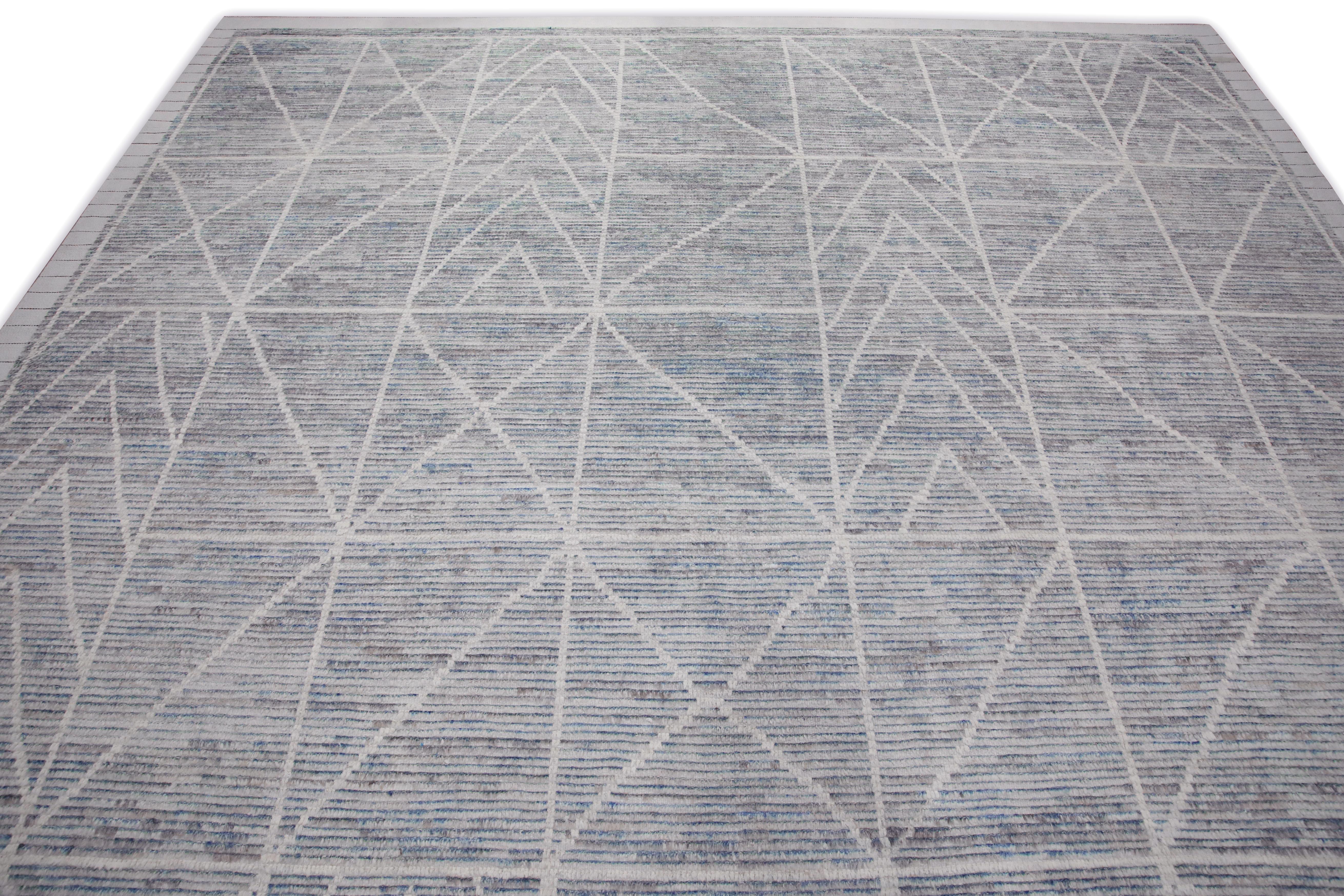 Vegetable Dyed Beige & Blue 21st Century Modern Moroccan Style Wool Rug 9'10