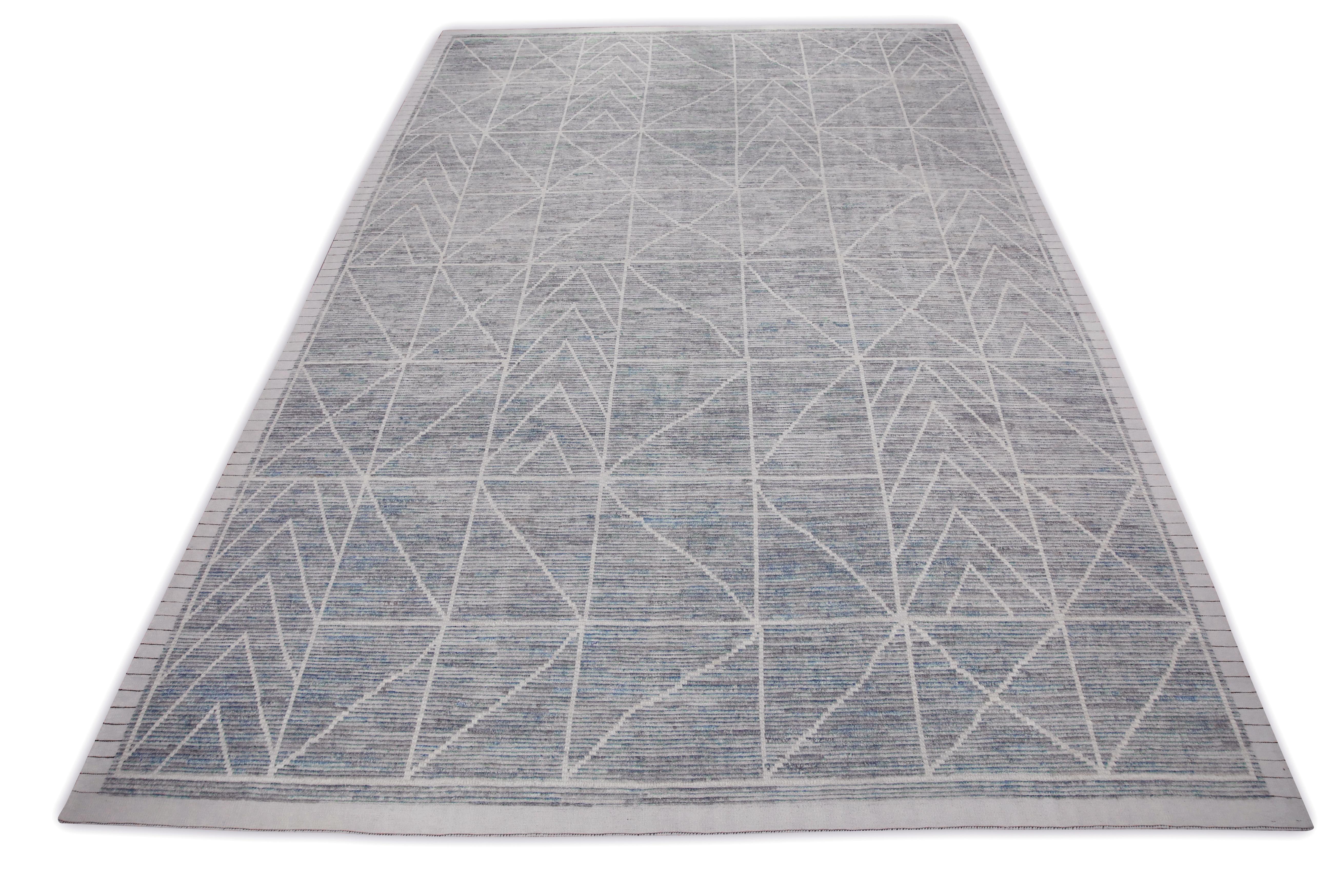 Contemporary Beige & Blue 21st Century Modern Moroccan Style Wool Rug 9'10