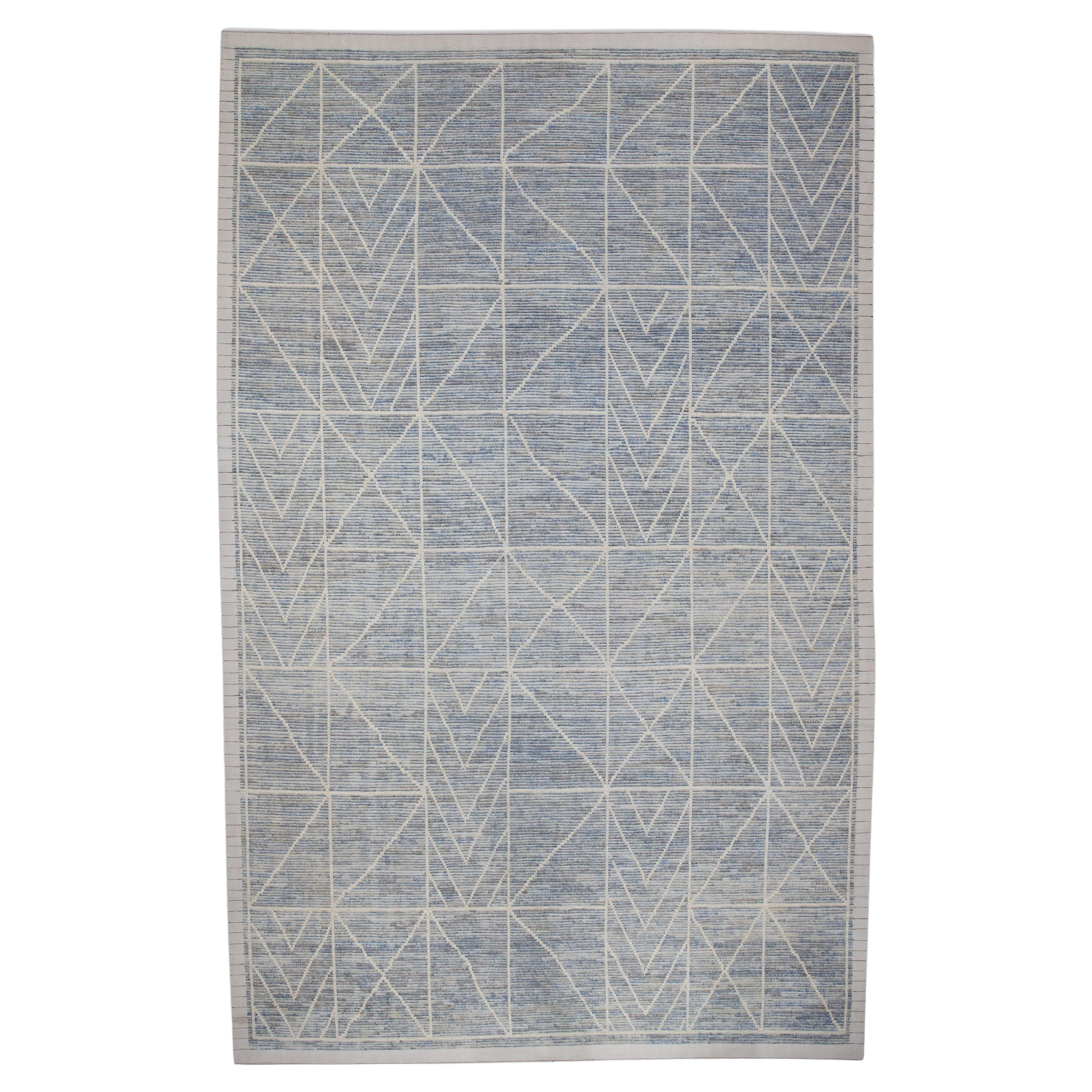 Beige & Blue 21st Century Modern Moroccan Style Wool Rug 9'10" X 14'7" For Sale