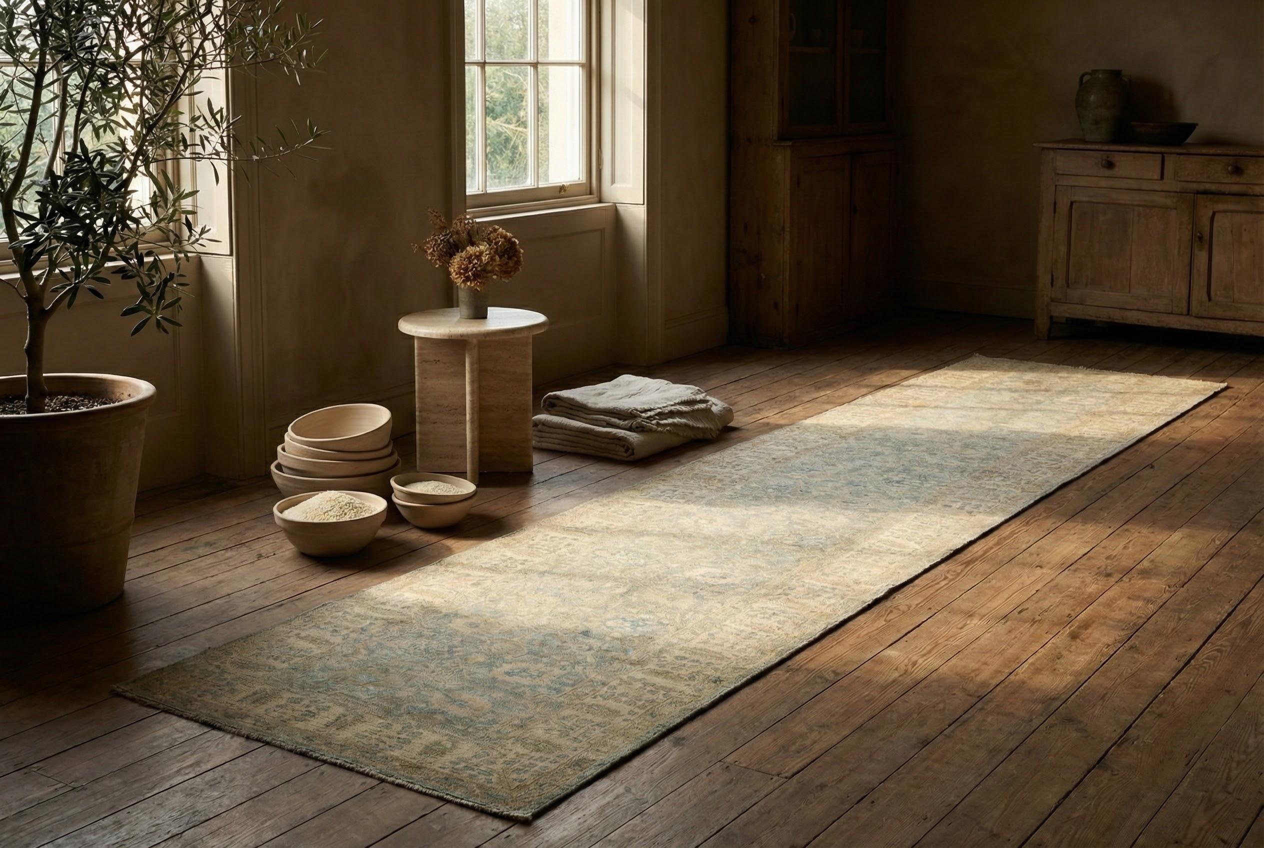 This Afghan Oushak gallery runner is a contemporary hand-knotted wool piece crafted in Afghanistan, sized at approximately 3 ft 11 in x 24 ft 0 in (about 1.19 m x 7.32 m). Designed as a gallery-scale runner, it offers generous proportions for