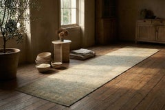 Beige Blue Afghan Wool Hand Knotted Runner 4 ft x 24 ft, Soft Floral Lattice