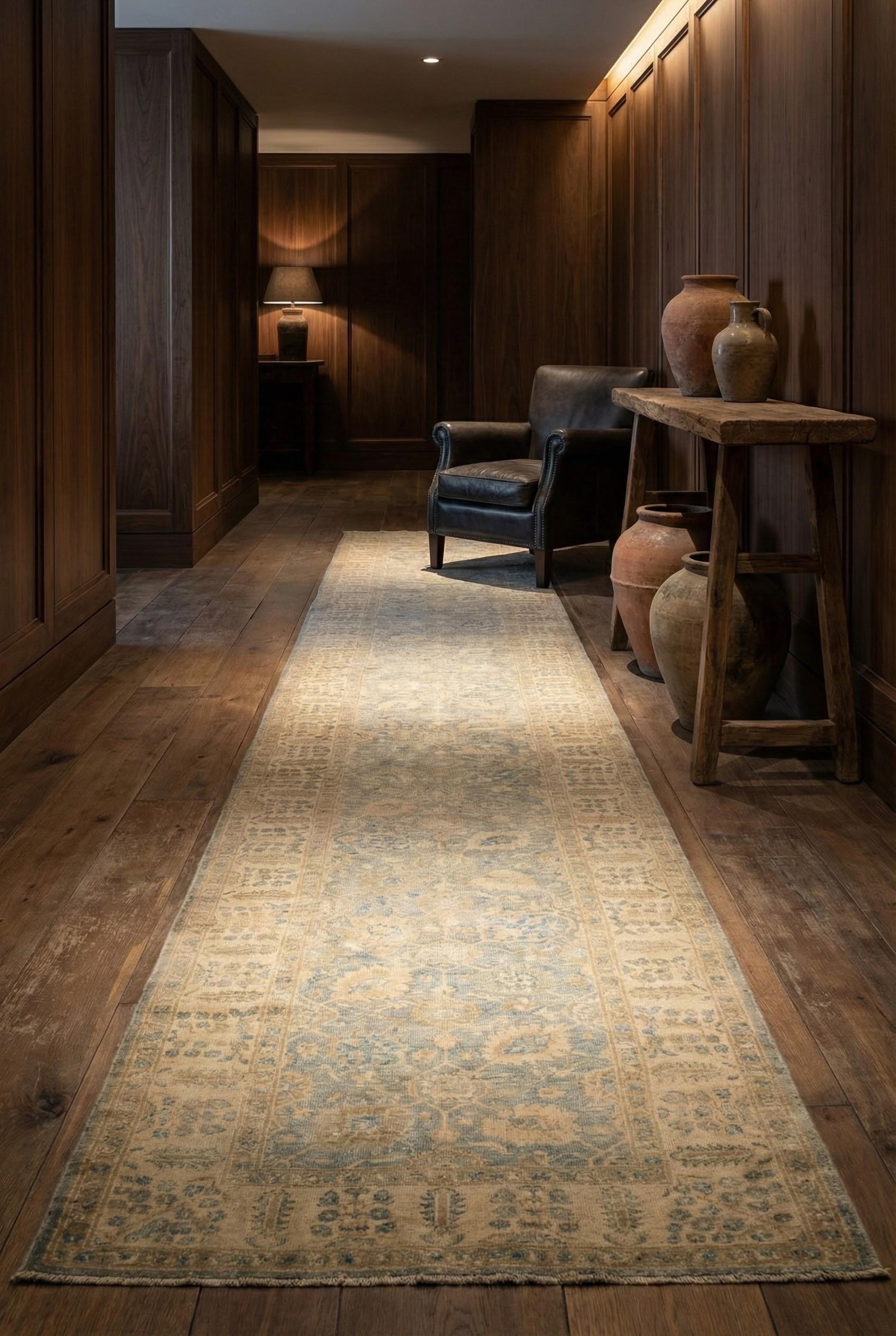 Beige Blue Afghan Wool Hand Knotted Runner 4 ft x 24 ft, Soft Floral Lattice Oushak en venta