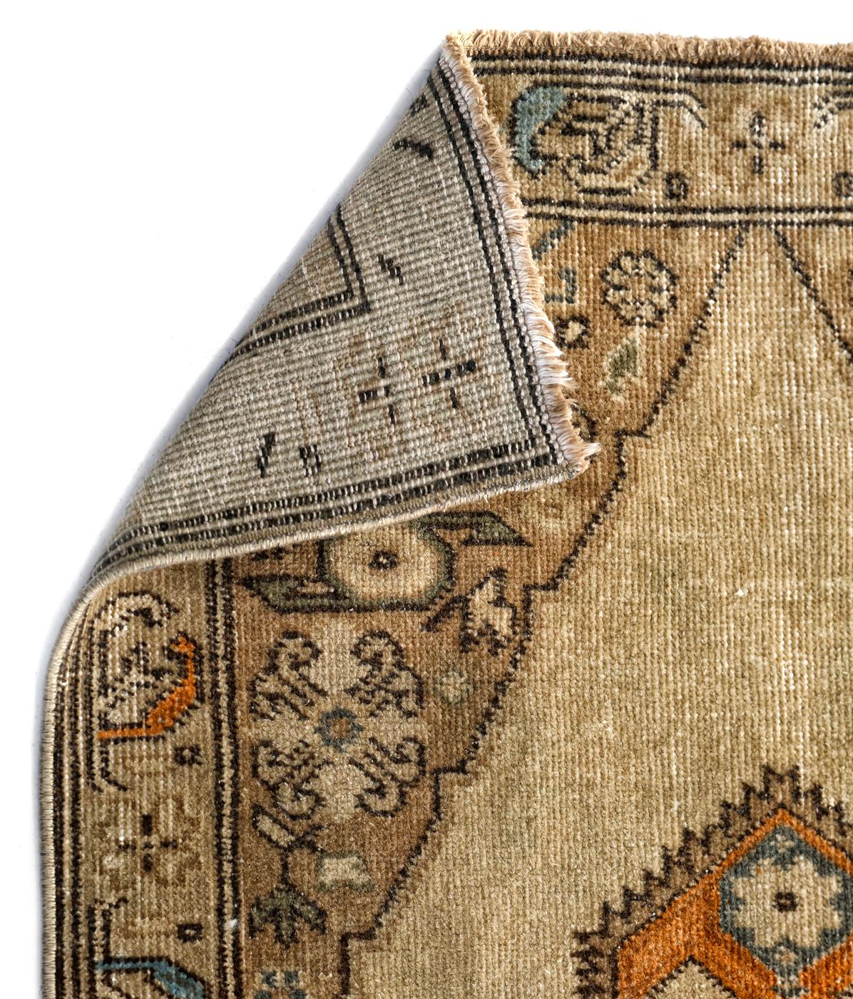 Oushak Beige, Blue and Ivory Handmade Wool Turkish Old Anatolian Konya Distressed Rug For Sale