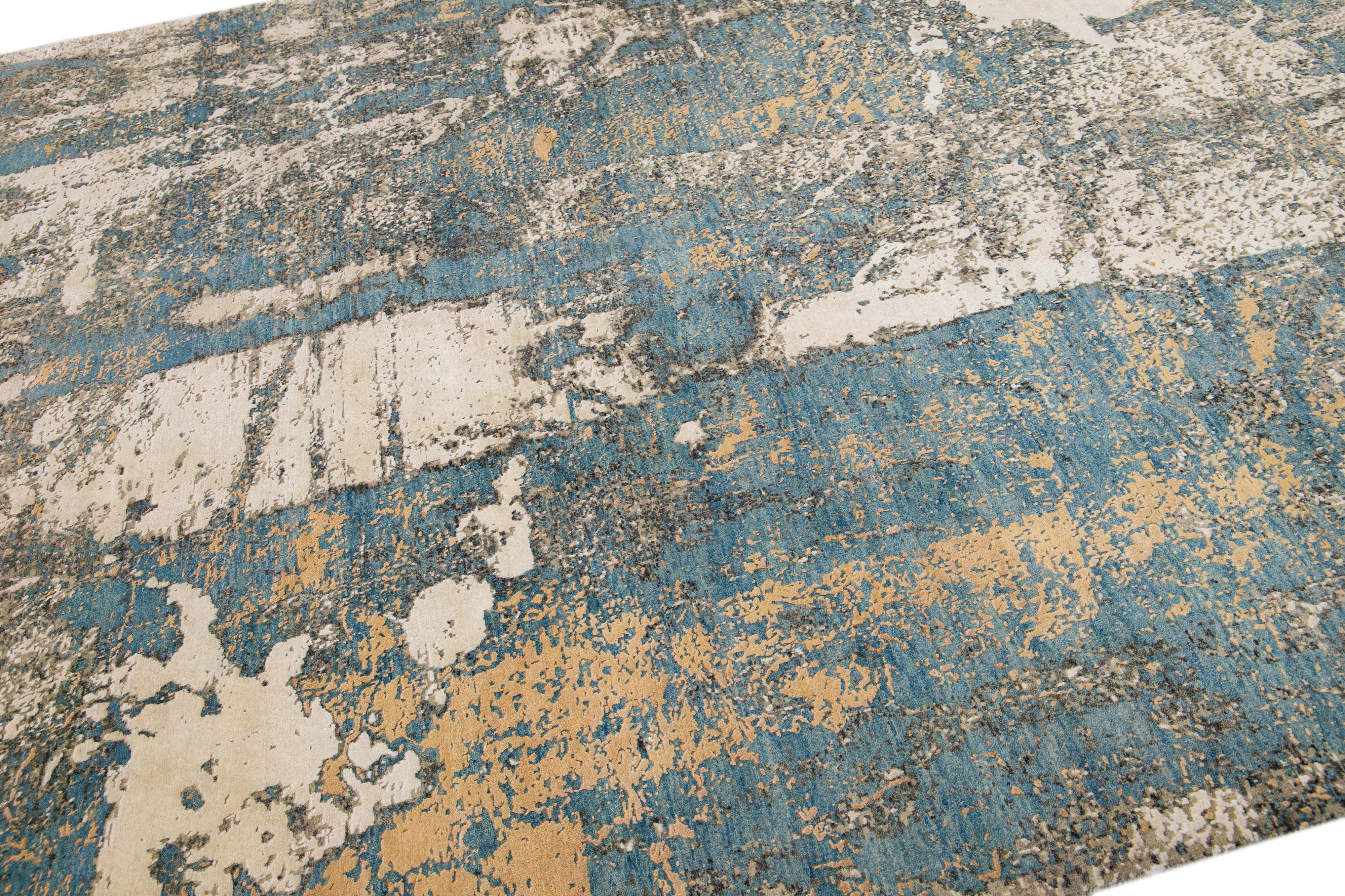 Indian Beige & Blue Contemporary Tibetan Wool & Silk Rug With Abstract Motif For Sale