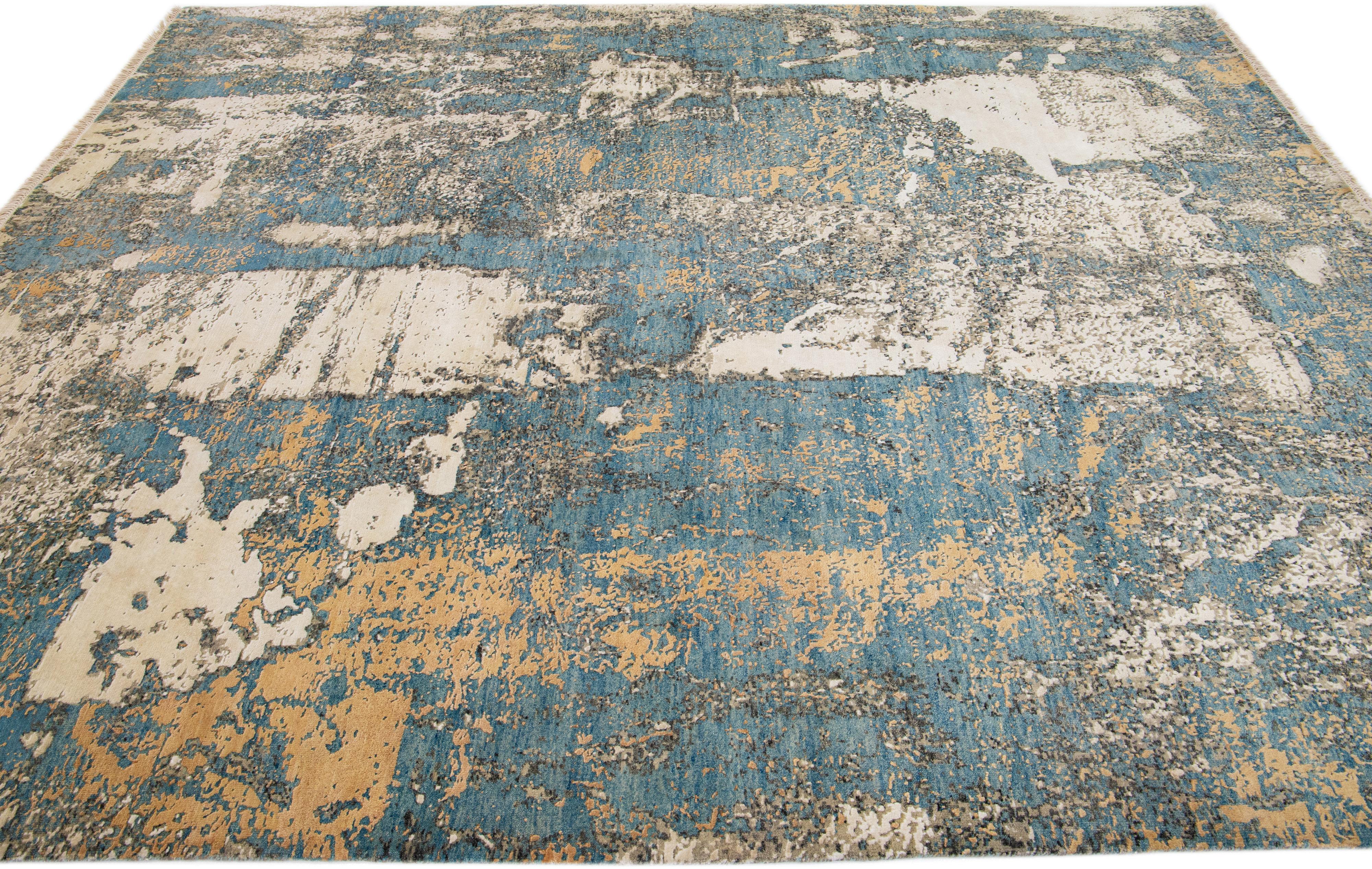 Hand-Knotted Beige & Blue Contemporary Tibetan Wool & Silk Rug With Abstract Motif For Sale
