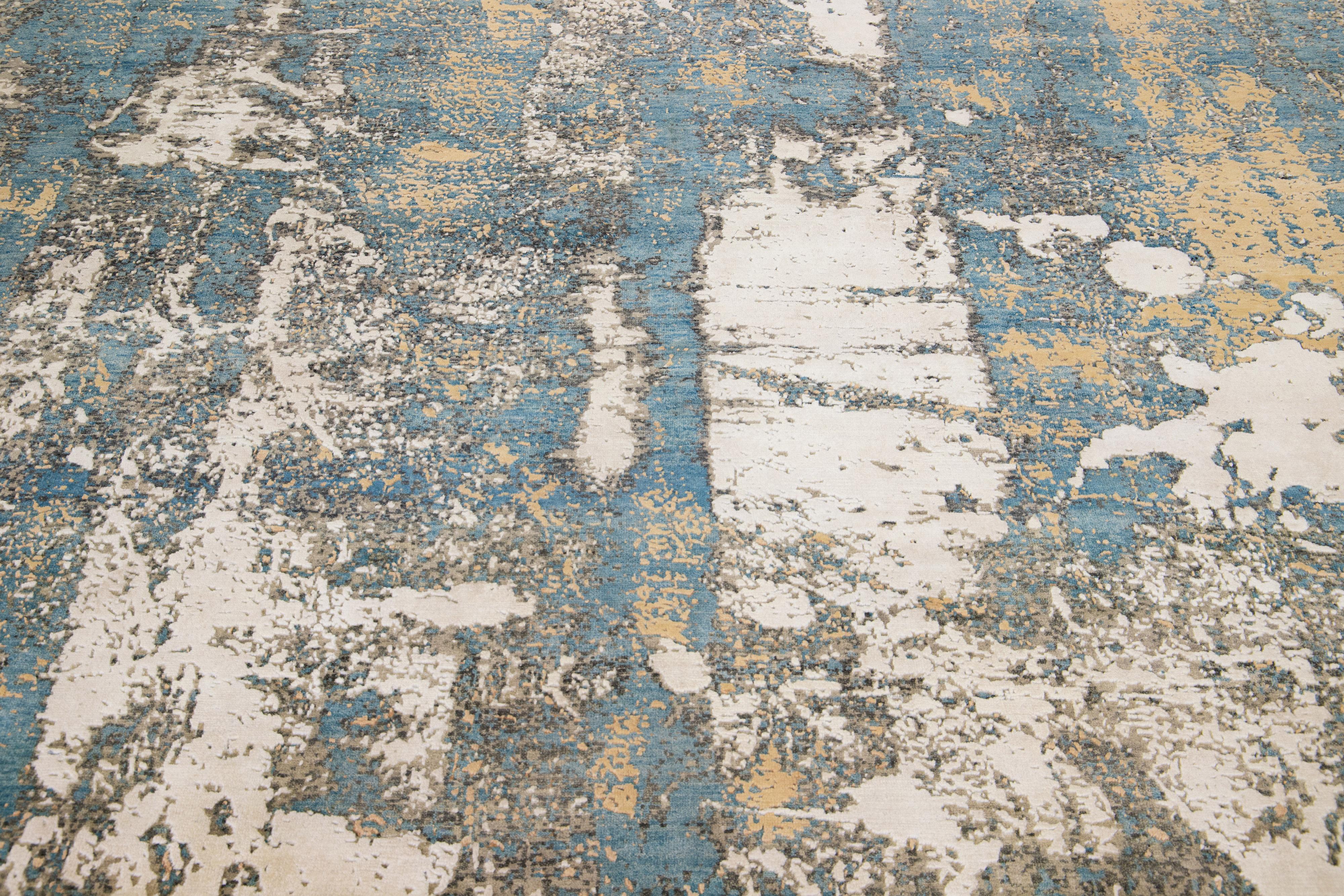 Beige & Blue Contemporary Tibetan Wool & Silk Rug With Abstract Motif For Sale 1