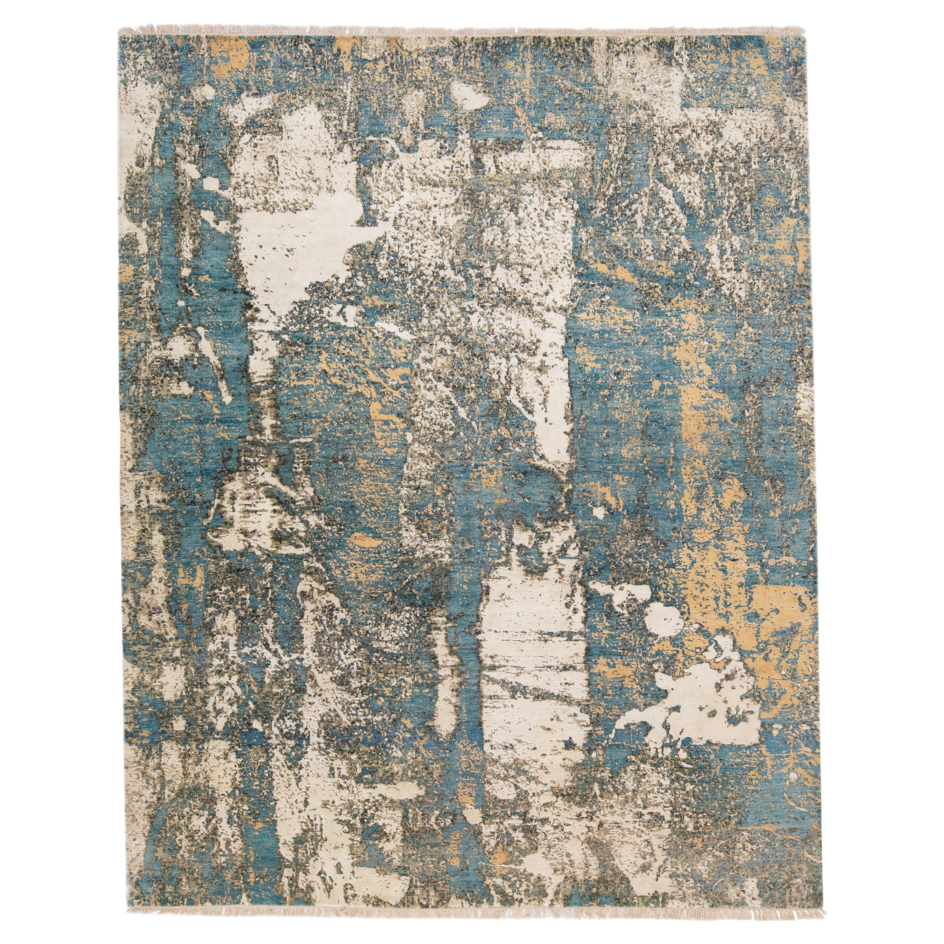 Tapis tibétaine contemporain beige et bleu en laine et soie avec motif abstrait