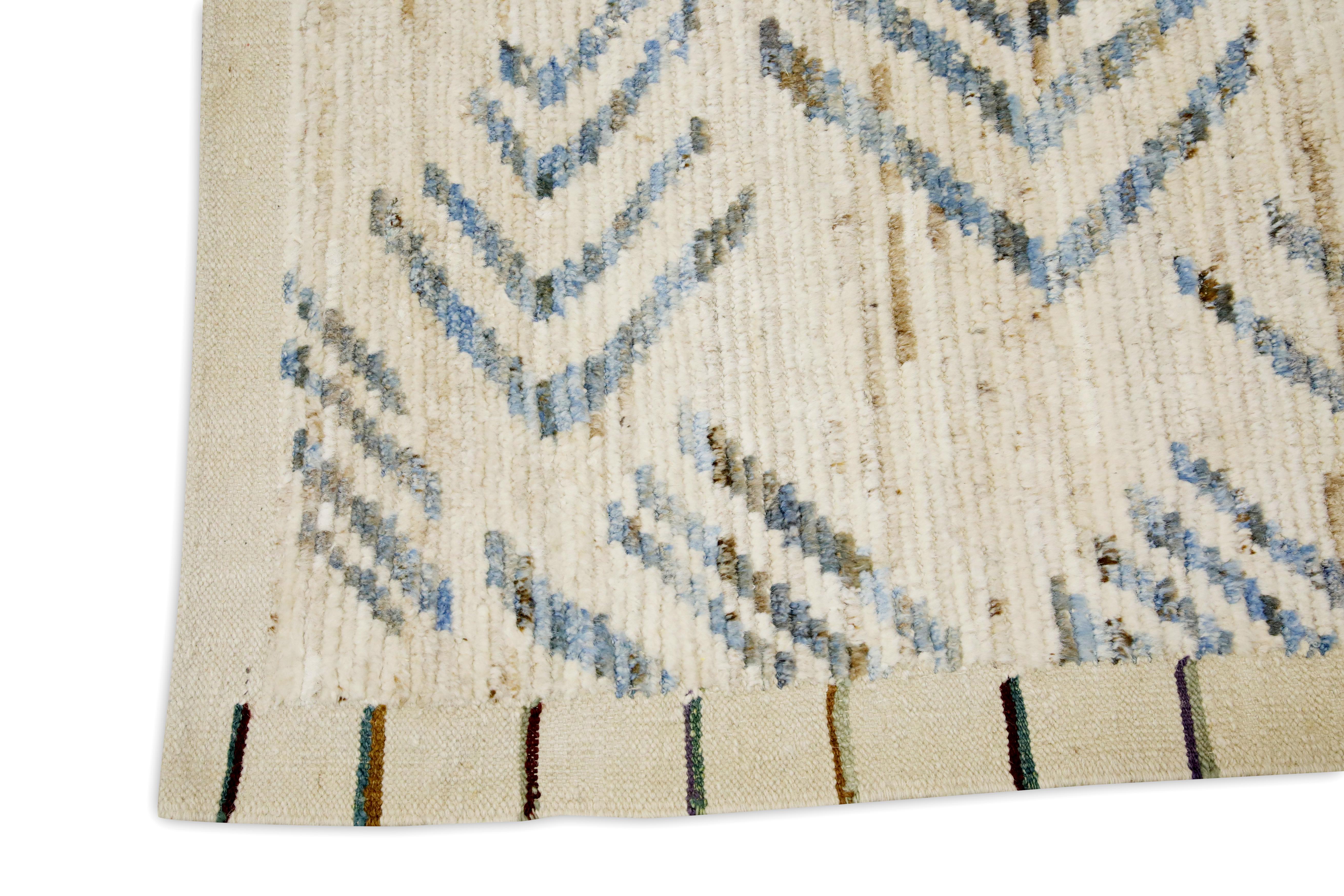 Vegetable Dyed Beige & Blue Handmade Wool Modern Turkish Rug in Geometric Design 6'4
