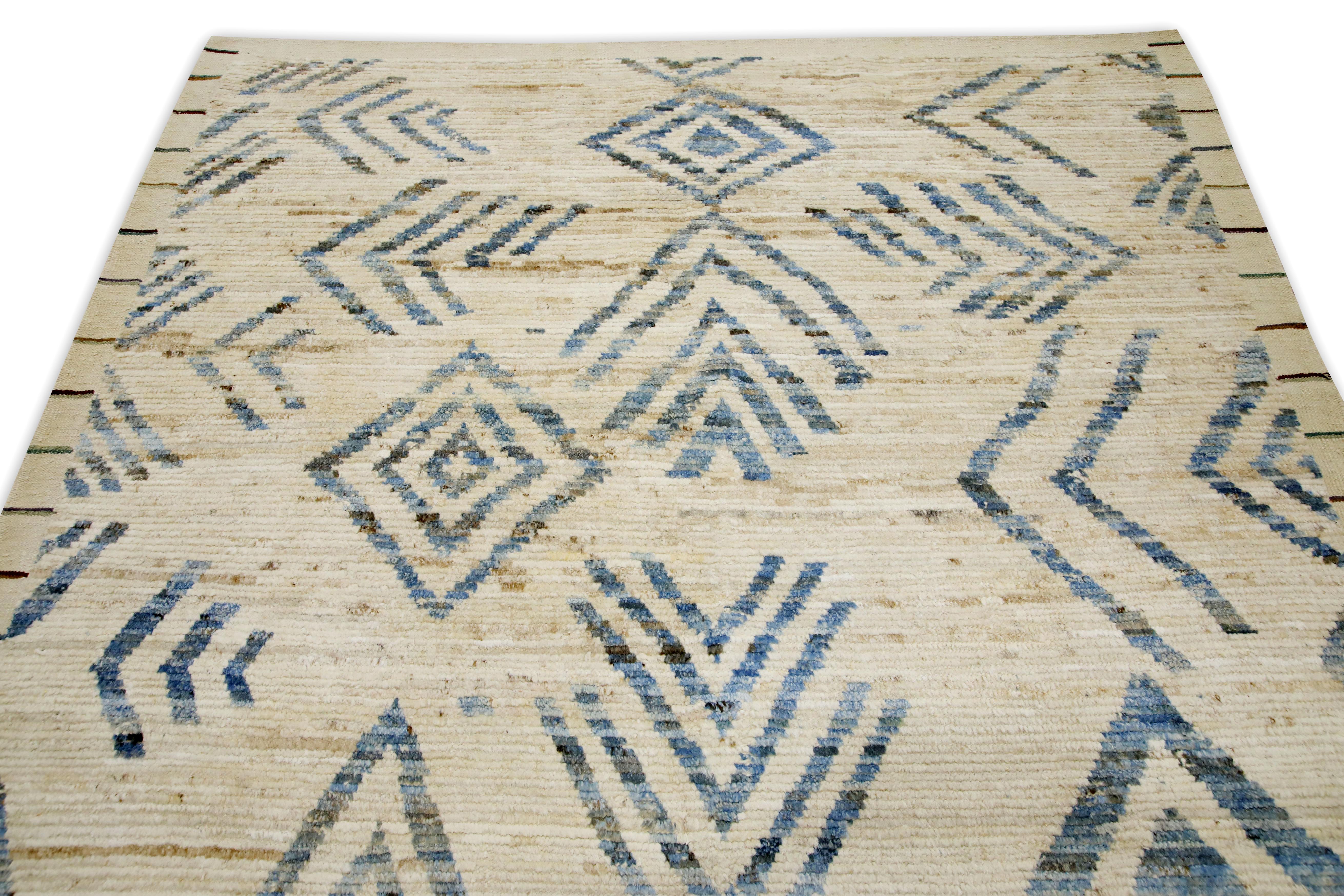 Beige & Blue Handmade Wool Modern Turkish Rug in Geometric Design 6'4