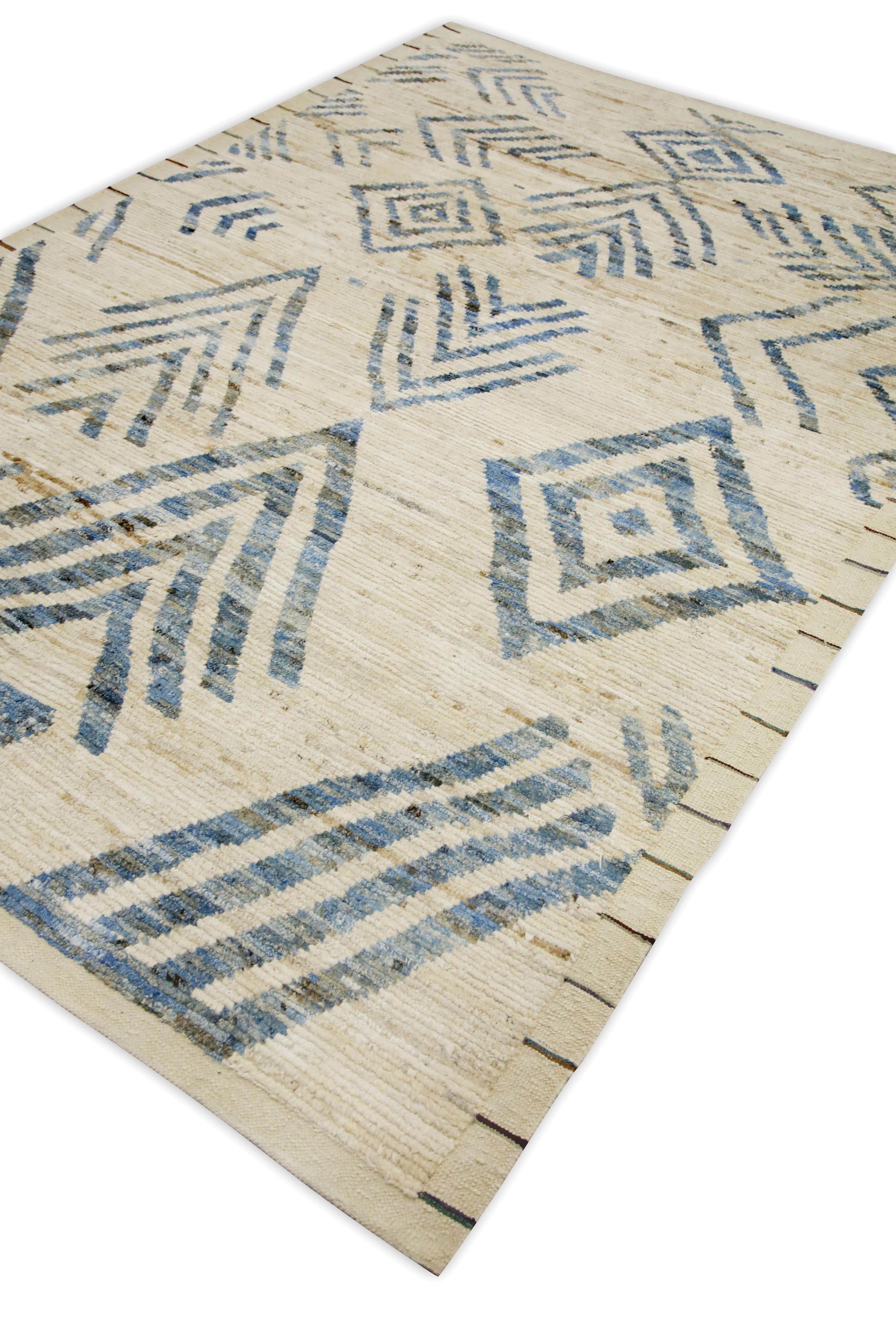 Contemporary Beige & Blue Handmade Wool Modern Turkish Rug in Geometric Design 6'4