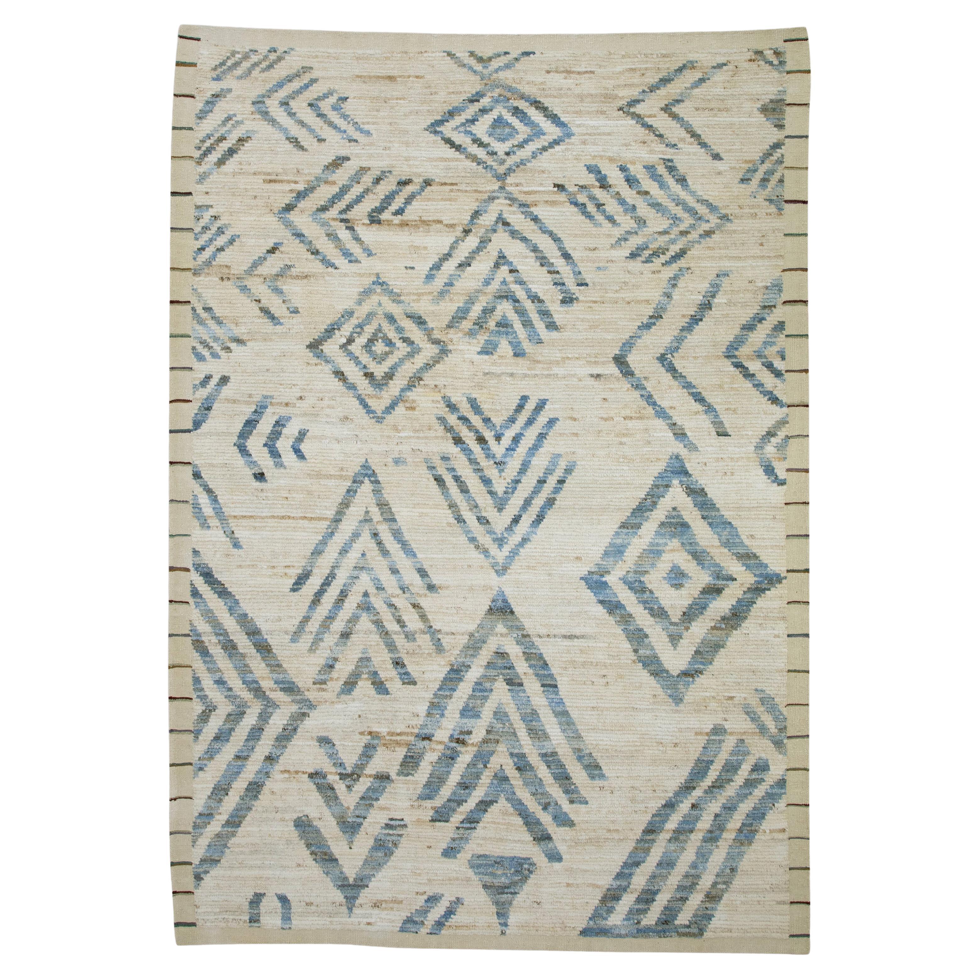 Beige & Blue Handmade Wool Modern Turkish Rug in Geometric Design 6'4" x 9'3" For Sale